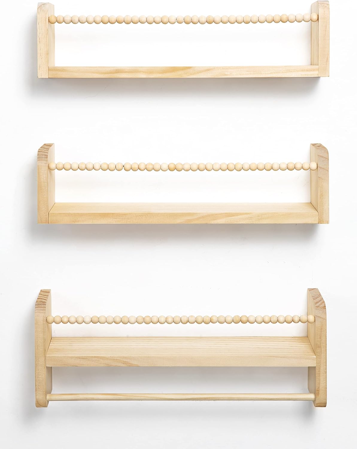 Nursery Floating Shelves for Wall, Set of 3 Book Shelves Natural Wood Wall Mounted Organizer with Towel Bar Hanging Bookshelves Nursery Decor for Kids Room, Bedroom and Kitchen