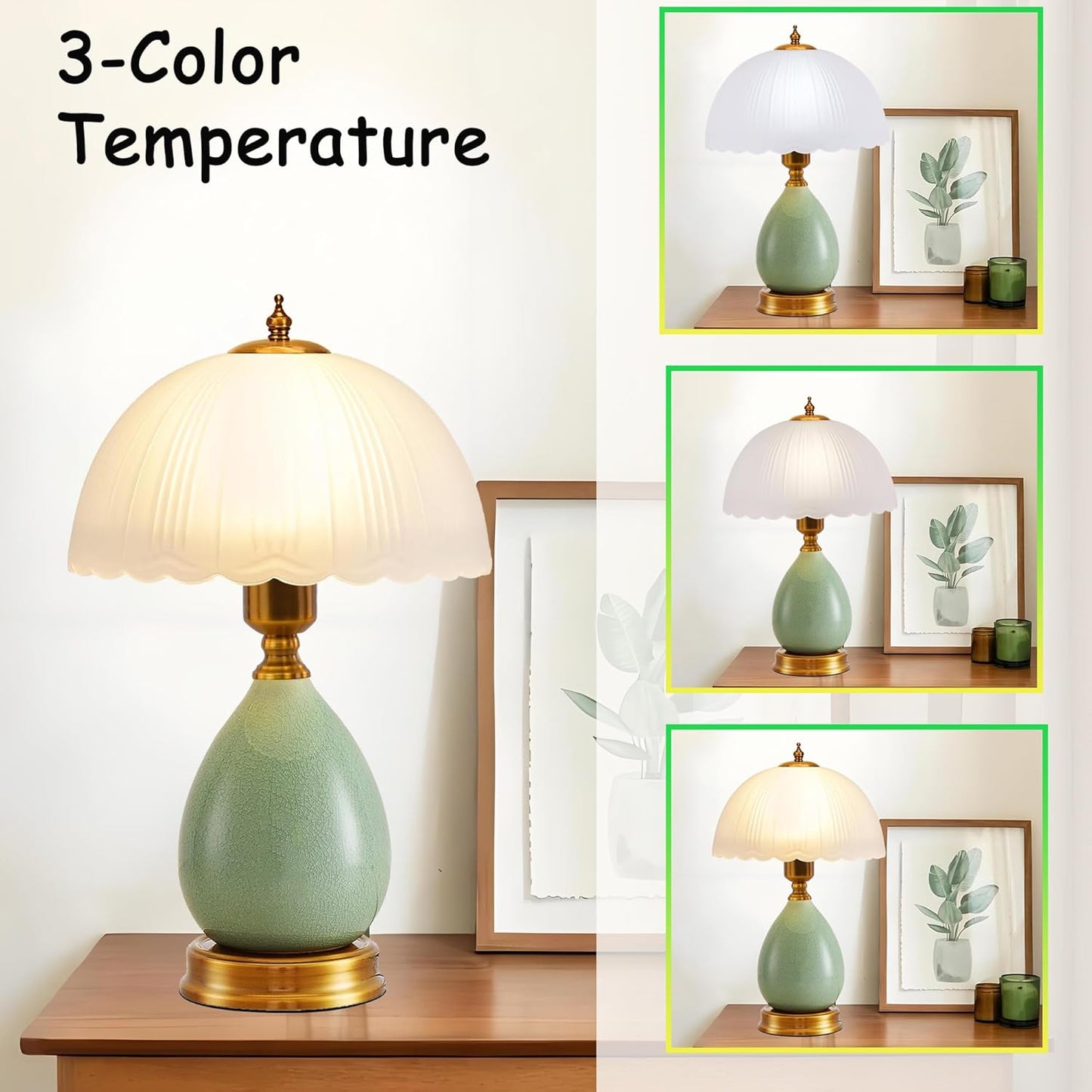 Vintage Ceramic Table Lamp for Living Room, 16" Modern Green Lamp for Bedroom, Retro Bedside Nightstand Lamp for Home Decor