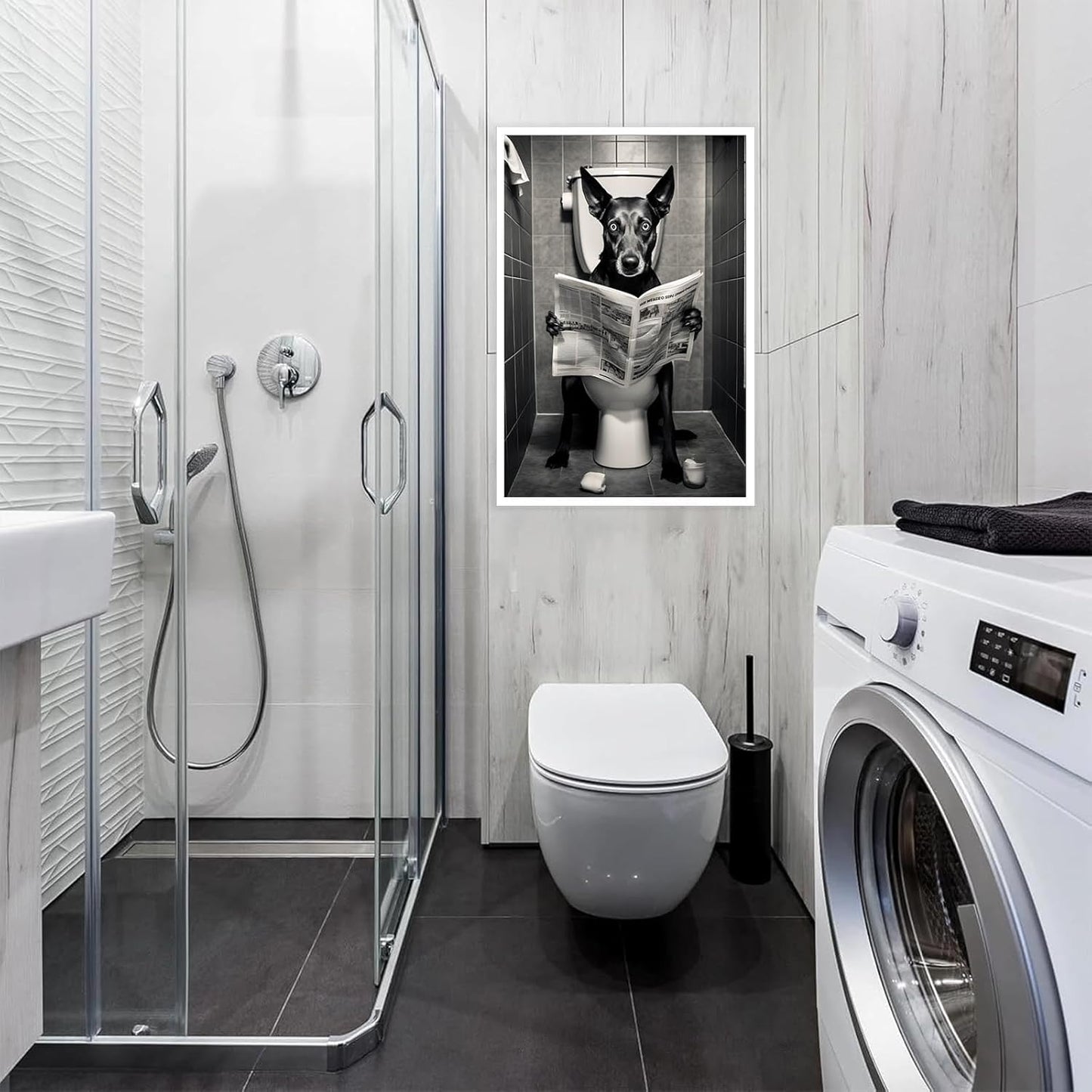 Vintage Dog Reading Newspaper Posters Doberman Sitting On The Toilet Canvas Wall Art Animals Black And White Prints Painting For Bathroom Home Bedroom Dorm Wall Decor 12x16in Unframed