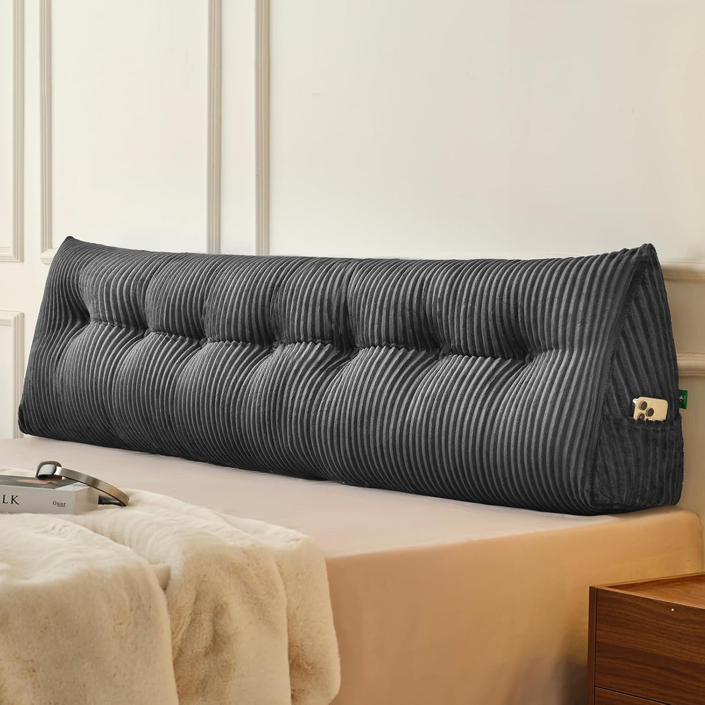 Z-hom King Headboard Pillow, Triangular Wedge Reading Pillow for Bed or Sofa, Ergonomic Backrest Cushion for Sitting Up, Reading or Relaxing, with Side Pocket，Removable Washable Cover,Grey