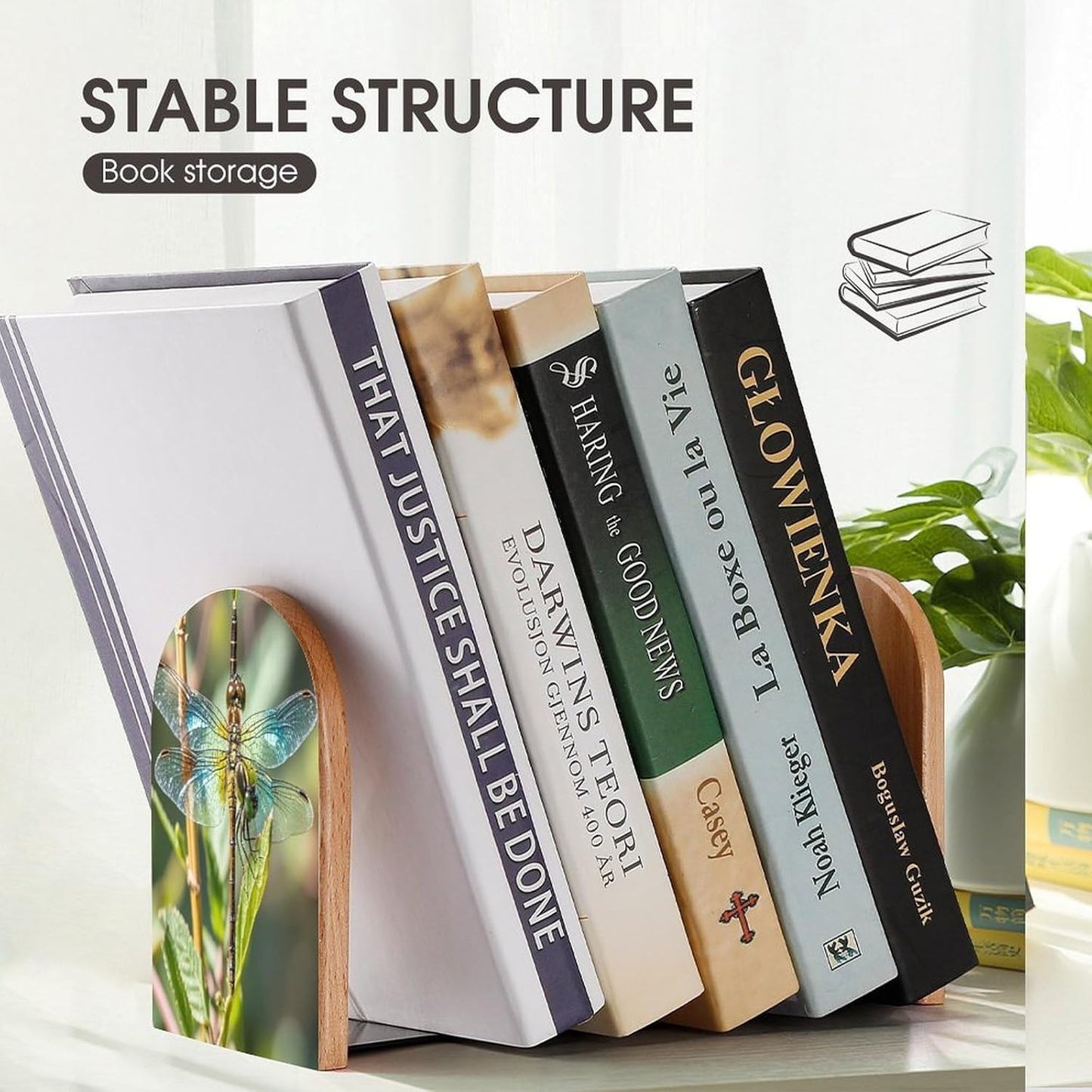 Colorful Dragonfly Bookends 1 Pair Heavy Duty Book Ends for Shelves Non-Skid Bookend Supports Wooden Book Holders with Metal Base Desk Organizers Books Storage to Hold Books