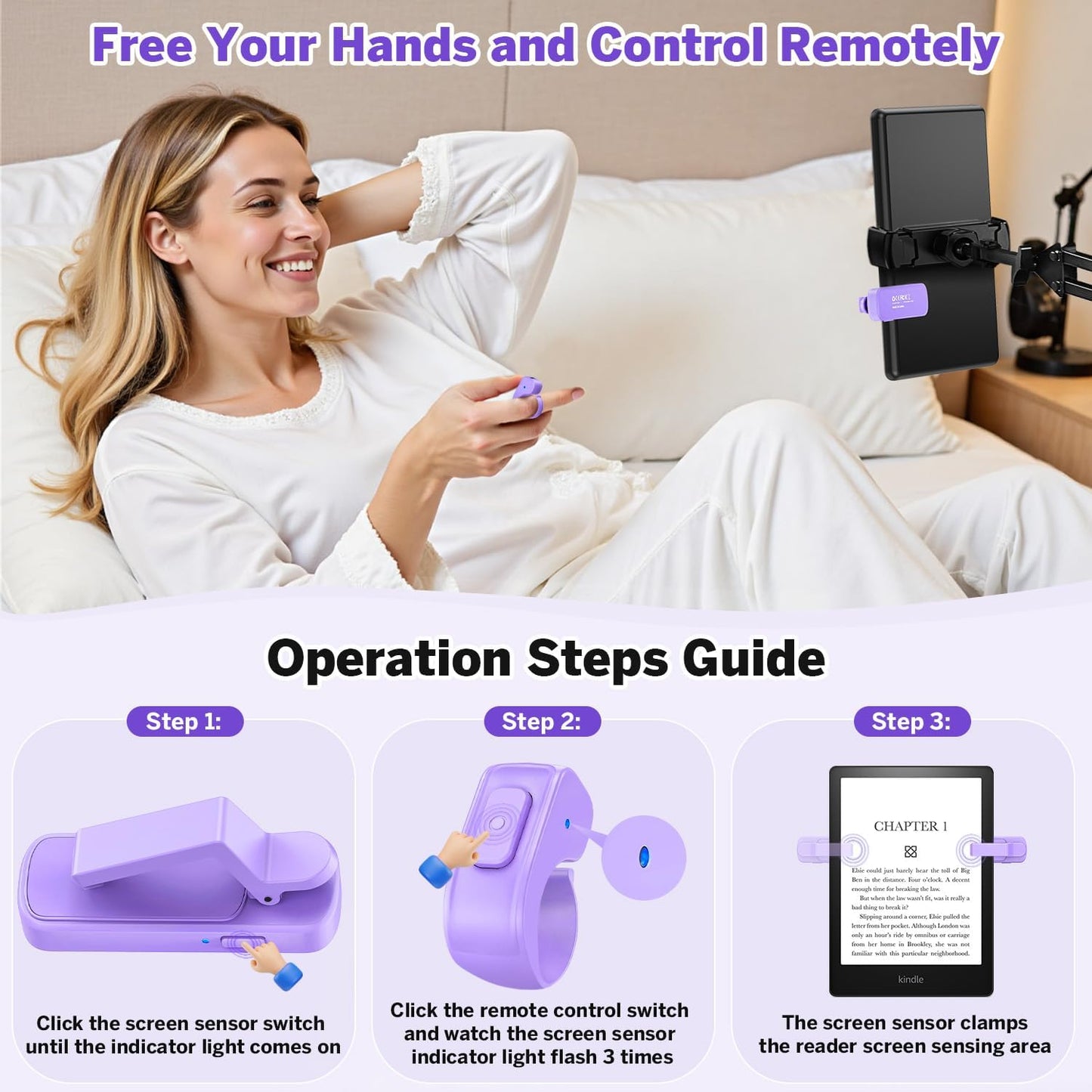 Page Turner Ring for Kindle,Remote Control for iPhone iPad Android Tablets E-Readers,Clicker Page Turner for Kindle Accessories for Camera Video Record&Shutter Selfie (Purple)