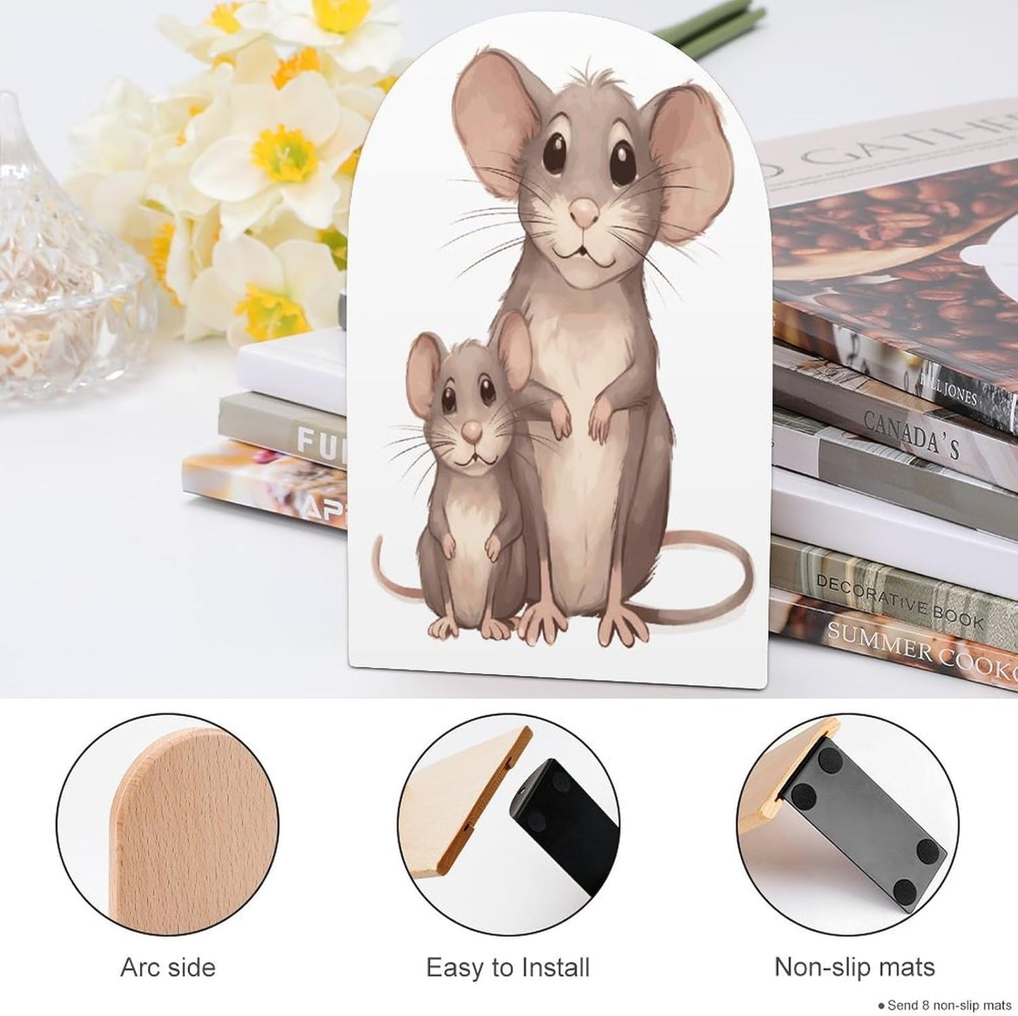 Non-Slip Bookend for Shelves Mother and Child Rats Wooden Bookends with Metal Base Decorative Book Stopper for Home Heavy Duty Wood Book Storage for Books/CDs
