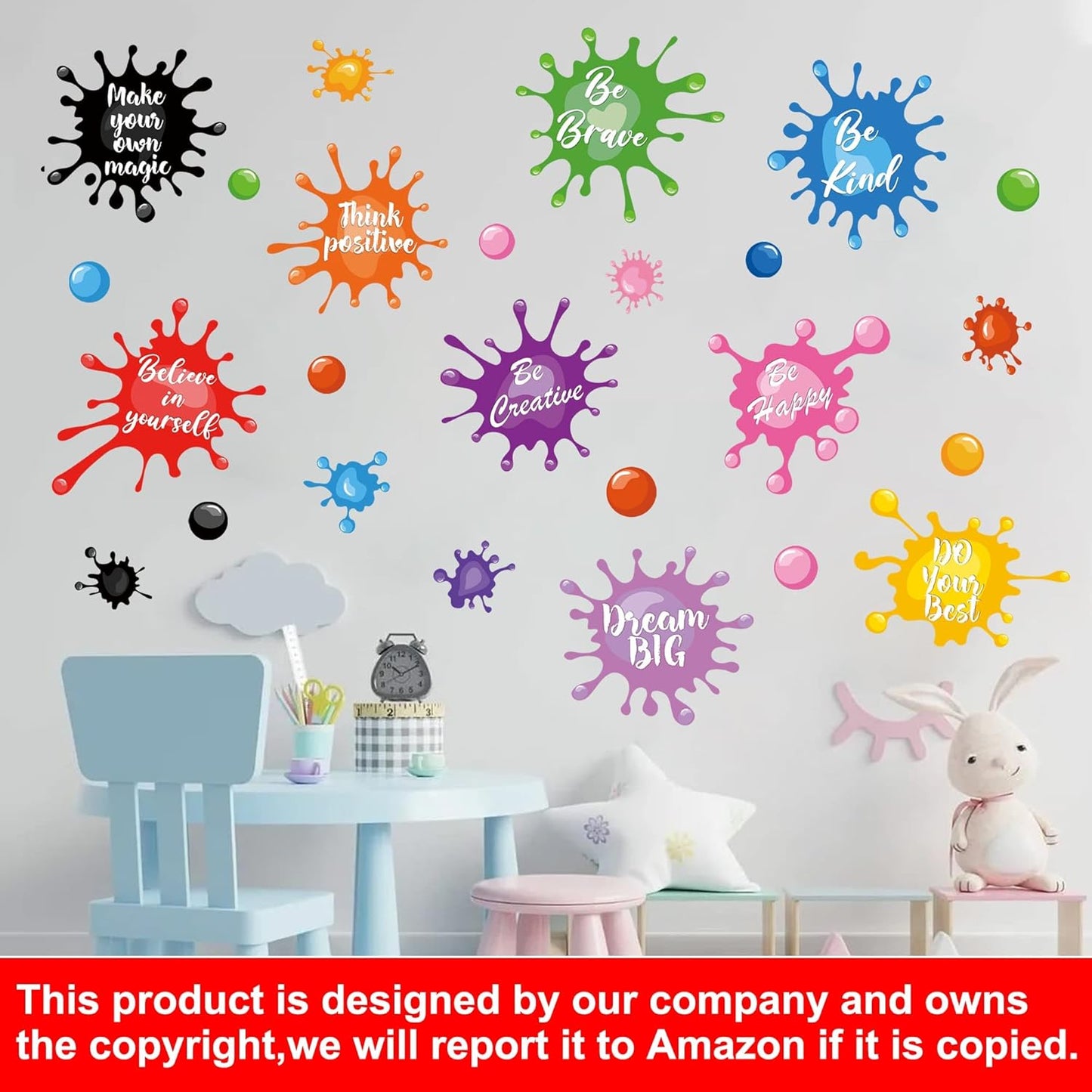 Colorful Inspirational Quotes Wall Decals Watercolor Paint Wall Decals Ink Splatter Splotches Wall Stickers Motivational Lettering Positive Sayings Stickers for Kids Classroom Nursery Playroom School