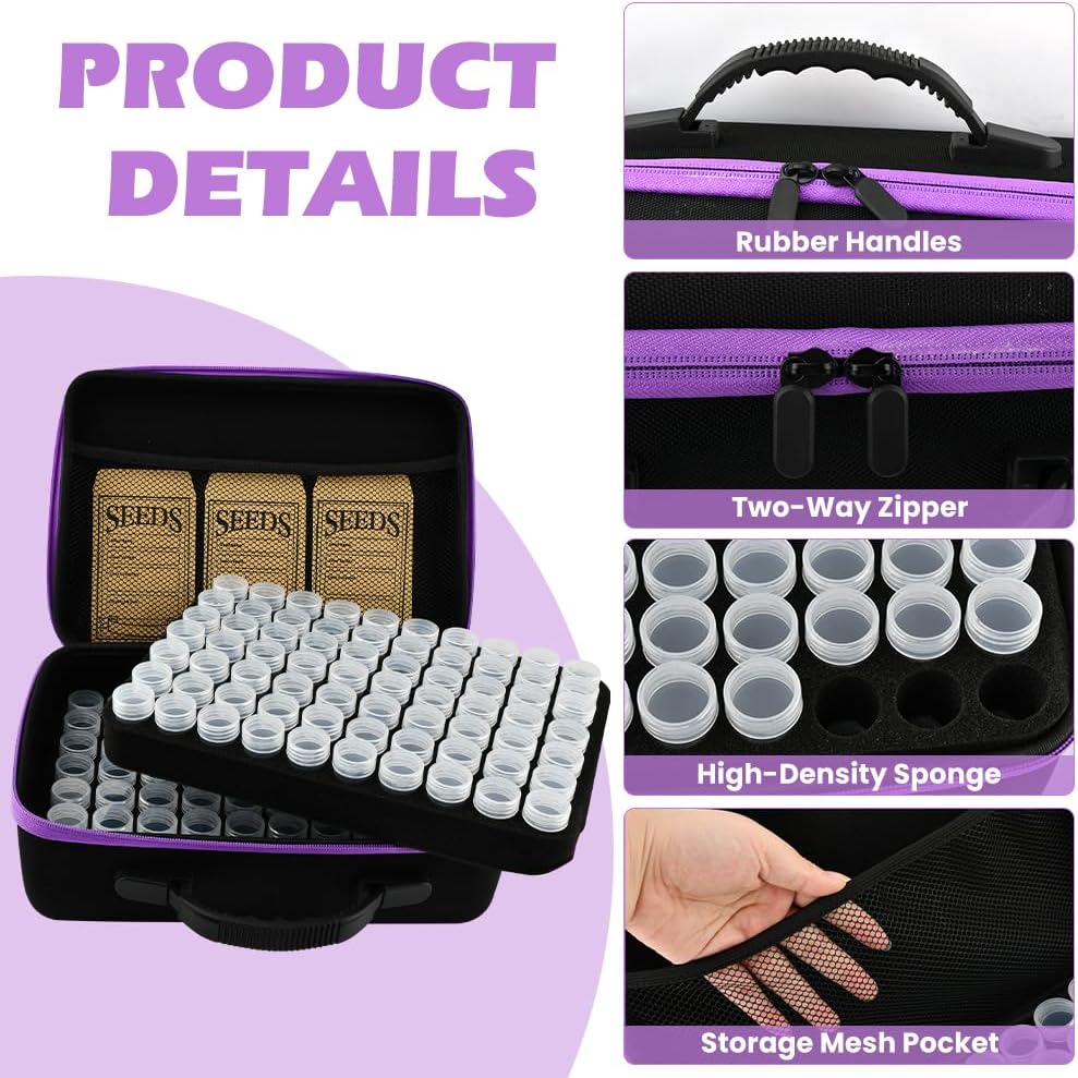 Seed Storage Organizer Box with 140 Slots and Plastic Bottles, Portable Garden Seed Vault Kit with Envelopes,Labels,Funnel,Tweezers, Lightproof EVA Storage Case for Home Gardening