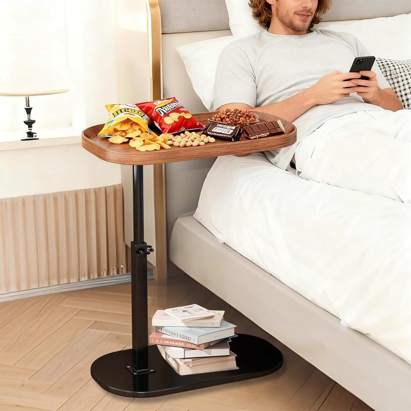 C-Shaped Side Table — Height-Adjustable, 360° Rotating, Slide-Under, for Sofa / Bed / Bathtub