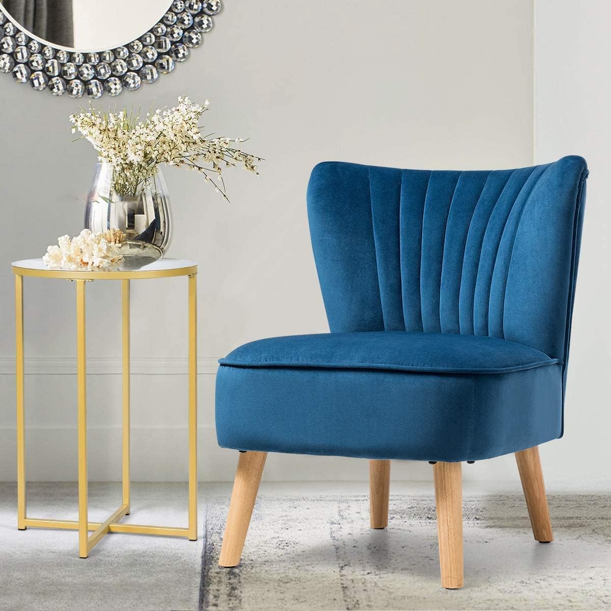 LUARANE Armless Velvet Accent Chair, Modern Leisure Chair with Curved Backrest Thick Sponge Cushion Wood Legs, Small Upholstered Wingback Sofa Chair for Bedroom Living Room (1, Blue)