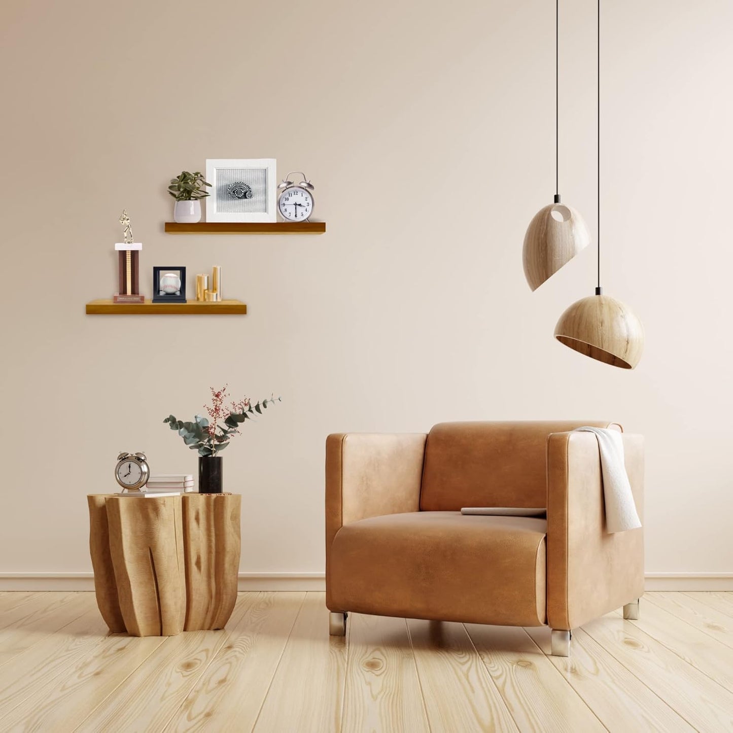 Teak Wood Floating Shelves Perfect for Bathroom Décor Pack of 2 Wooden Wall Shelves for Bedroom Living Room Kitchen Simple Minimalist Home Décor 17” x 6.7