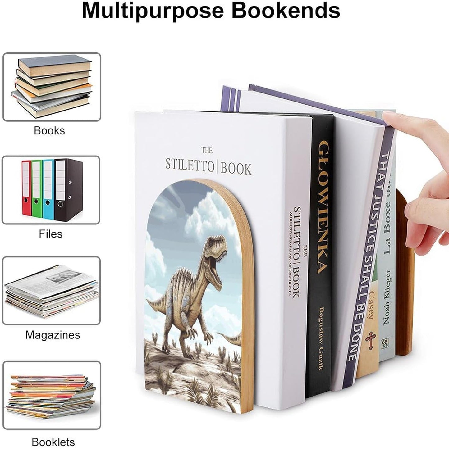 Dinosaur Walking Dinosaur Walking Bookend for Shelves Wooden Book End Large Size Sturdy Book Holders Stoppers with Metal Base for Bookshelves Slick Decorative Bookends Stands