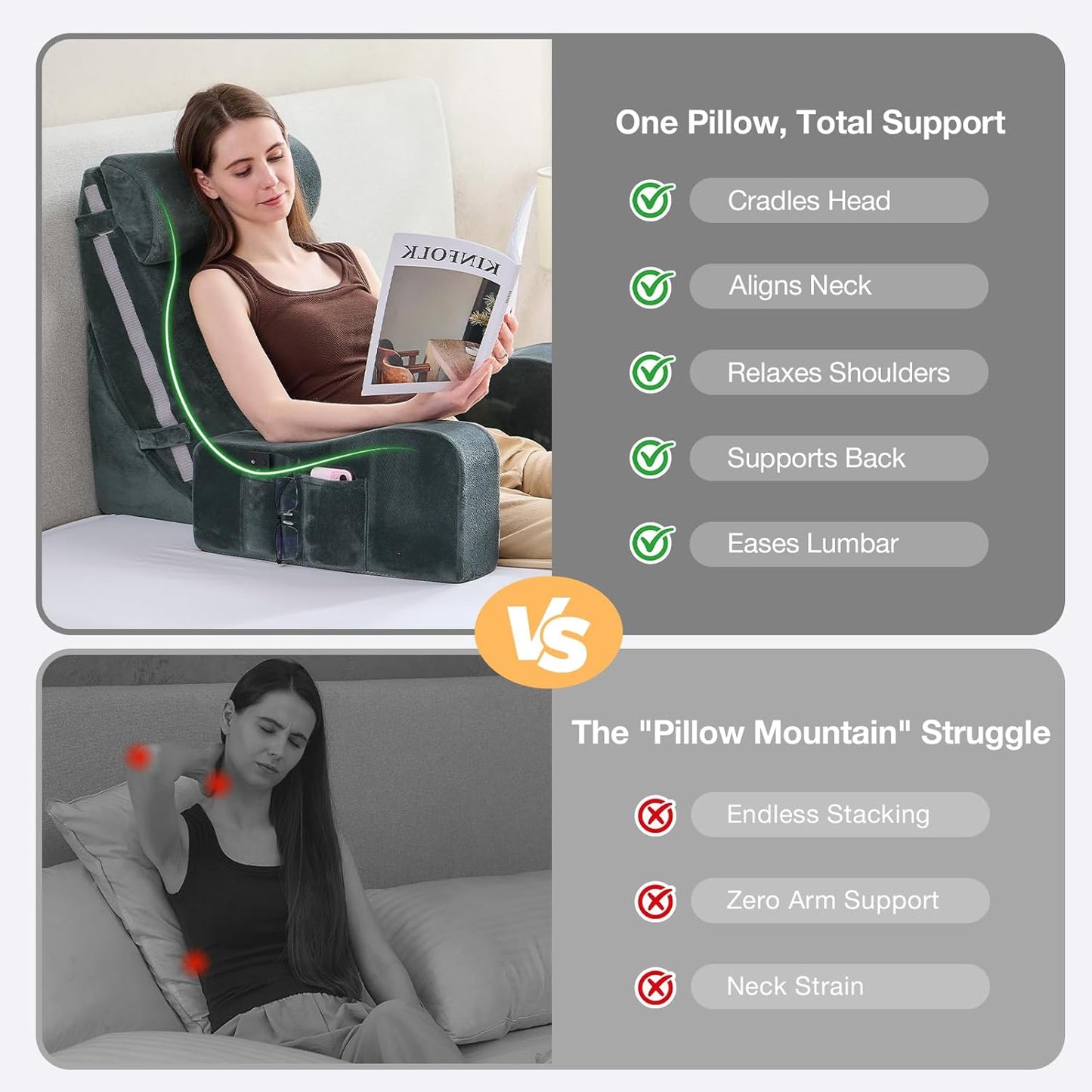Sasttie Reading Pillow with Armrests, 15–25 Inch Adjustable Back Support Pillow for Bed Sitting Up, Memory Foam Back Rest Cushion Bed Chair for Reading, Gaming & Relaxing, Dark Grey