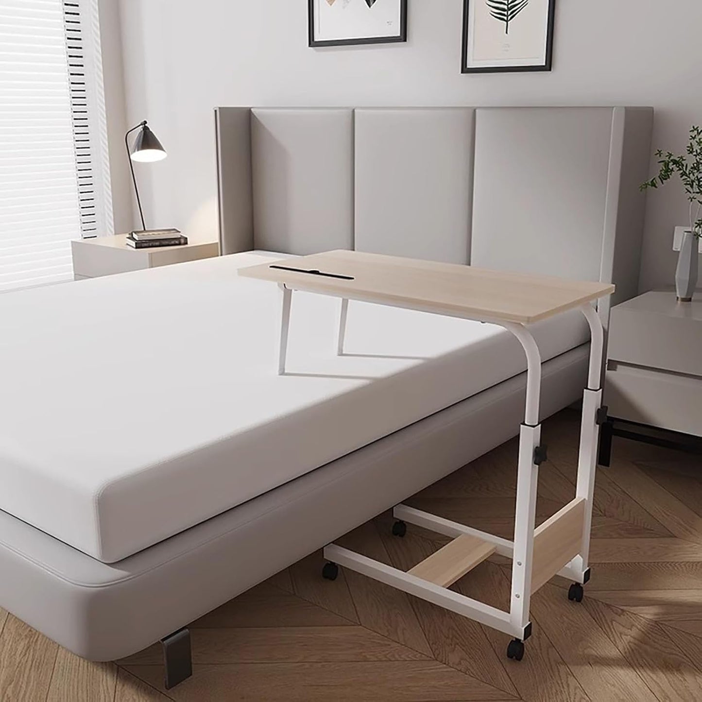 Adjustable Overbed Table,Laptop Cart Bed Table Desk,Standing Workstation Laptop Cart,Overbed Table with 360° Wheels,Height Adjustable,for Eating,Working or Reading.(Natural,31.5 x 19.7 x 23.6 in)