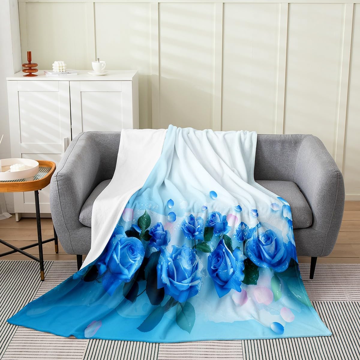 Erosebridal Blue Rose Blanket Throw 50x60, 3D Flower Petals Microfiber Throw Blanket, Florals Leaves Printed Kids Teens Fleece Blanket for Sofa Bed, Blue Green Blossom All Seasons Fuzzy Blanket