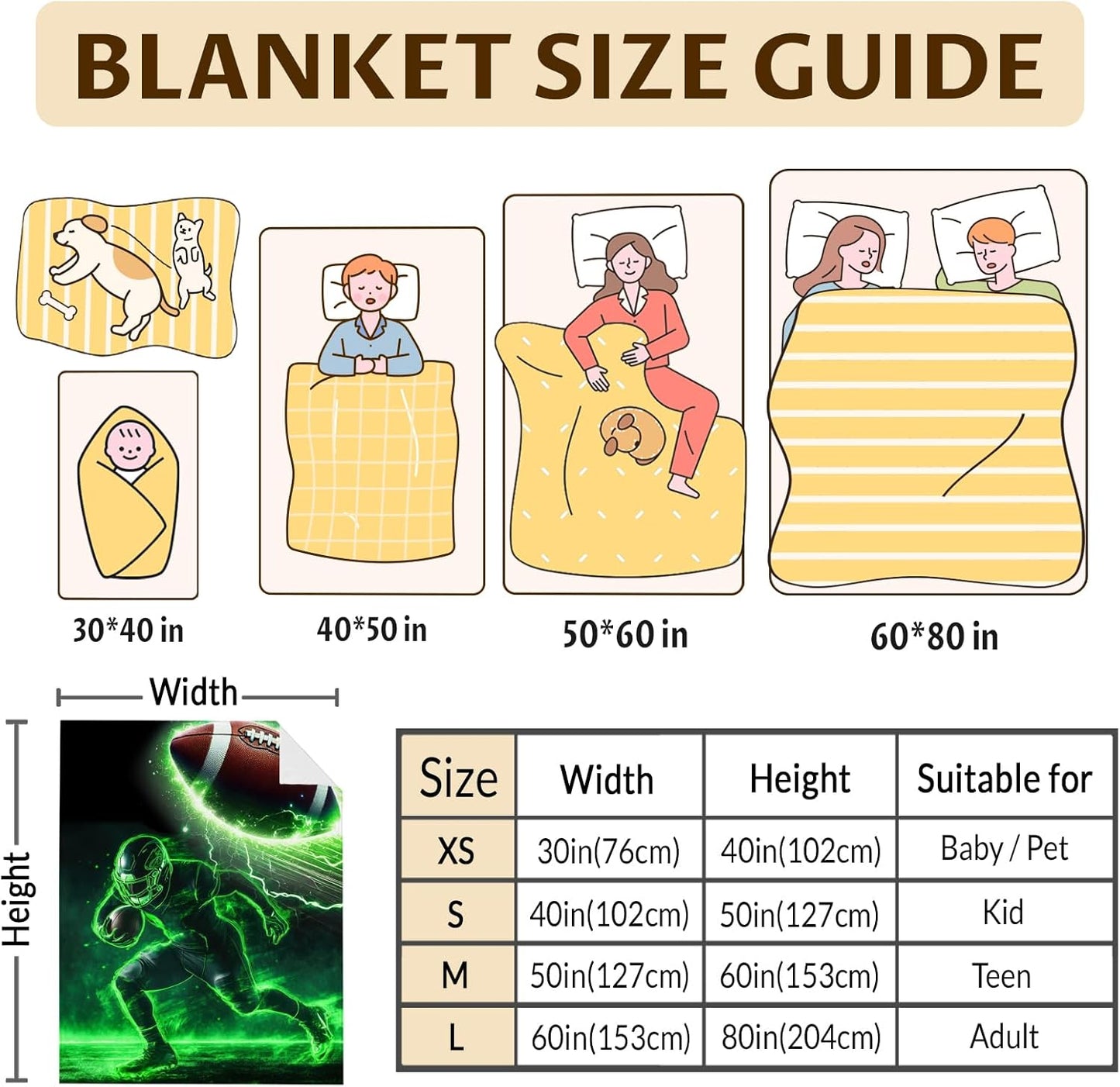 Football Throw Blanket, 60 x 50 Inches Lightweight Throws for Men, Gift for Football Lovers, Cozy Soft Flannel Throw for Bedroom Living Room, Bed, Sofa, Office