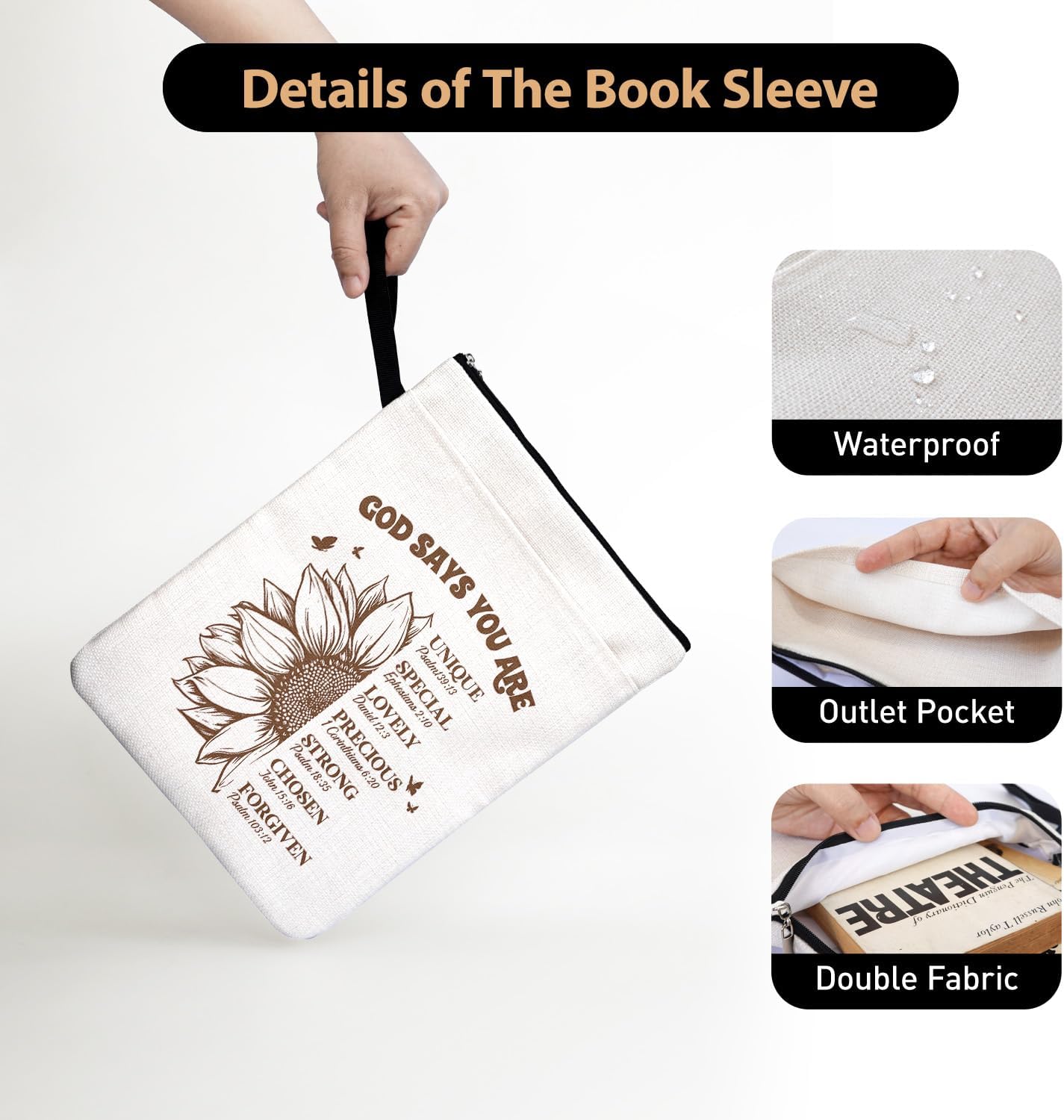 Bible Book Covers for Christian Book Lovers Women with Zipper & Handle, Birthday Reading Day Thankful Gifts for Friends - God Says You are Beautifull Sunflower Decor Book Sleeve Encourage Gifts