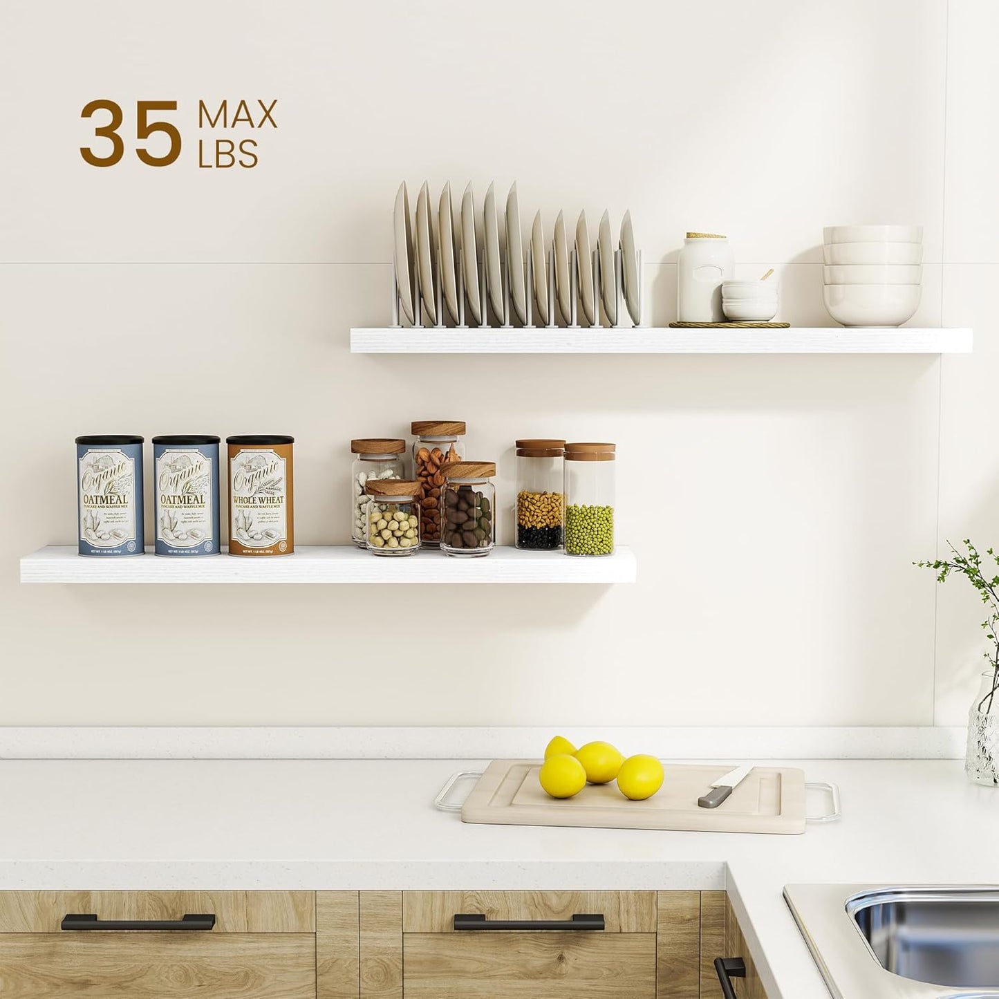 Dreamland 36Inch Floating Shelves for Wall, Rustic Wooden White Floating Shelves for Bathroom|Bedroom|Kitchen, Deep Wall Mounted Book Shelf, Wood Storage Display Shelf for Home Decor, Set of 2