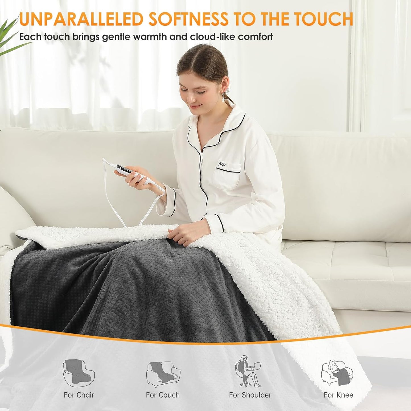 Heated Blanket Throw,Waffle Weave Electric Blanket, Rapid Heating,LCD Controller,6 Temperature Settings, 4-Hour Auto Shut-Off,ETL Certified, Machine Washable, 50“ × 60”,Luxury Black
