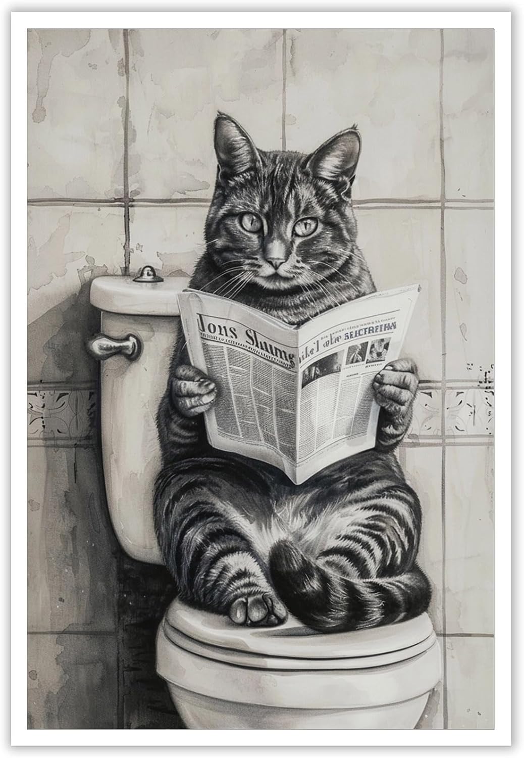 Black And White Bathroom Canvas Wall Art Funny Cat Reading Newspaper Poster Retro Abstract Cute Animal Picture Prints Painting For Home Bathroom Toilet Restroom Wall Decor 12x16in Unframed