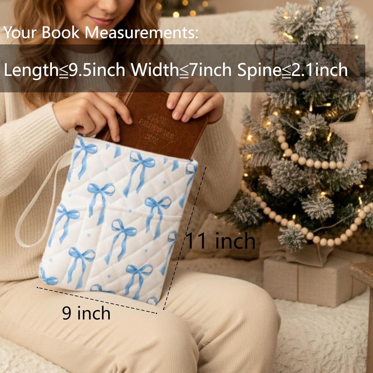 Blue Bow Bible Book Sleeve with Zipper 11" x 9" Padded Protector Washable Quilted Book Covers Printed Bible Pouch with Handle Pockets Protector for Books Lover Christian Gifts