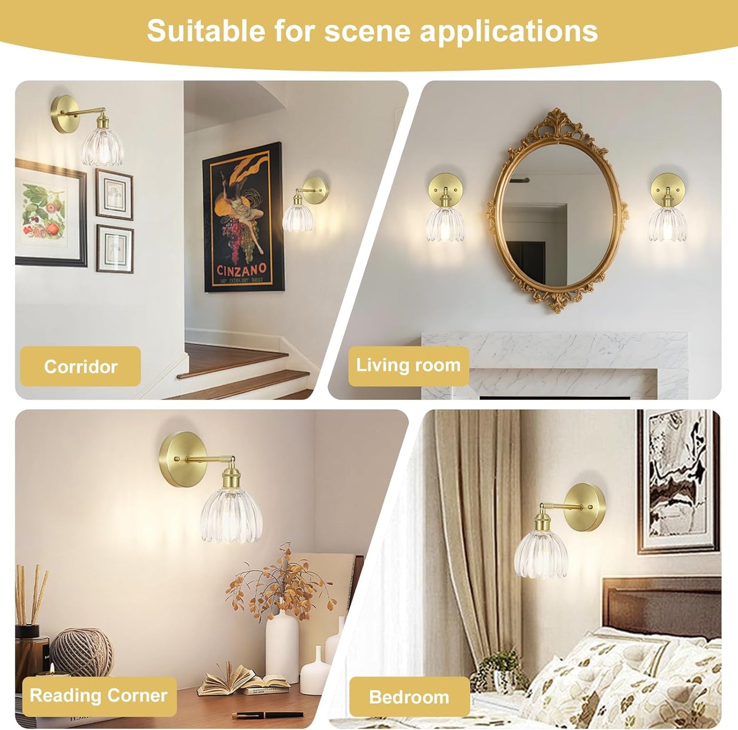 Hardwired Wall Sconces Set of Two, Vintage Wall Lights with Clear Tulip Glass Lampshade, Gold Wall Lamps for Bedroom Bedside Stairway Bathroom Living Room (Bulbs Not Included, Not Battery Powered)
