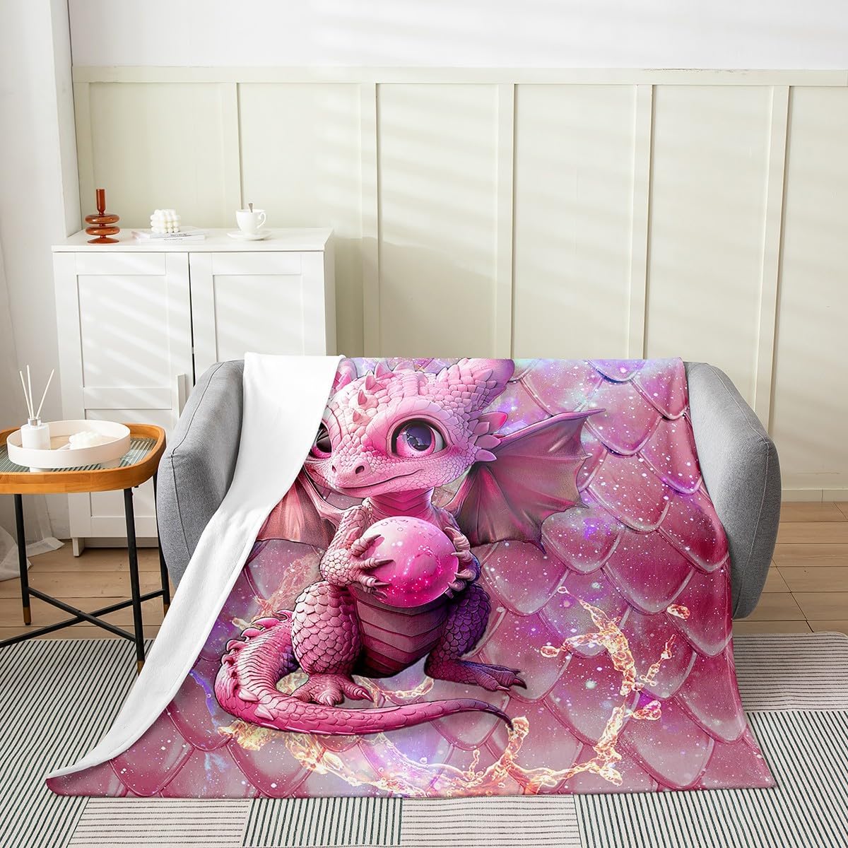 Feelyou Dragon Flannel Fleece Throw Blanket Throw 50"x60" Kids Cartoon Dragon Egg All Season Bed Blanket for Boys Teens Dragon Scale Pattern Fuzzy Blanket Pink Wild Animal Plush Blanket Room Decor
