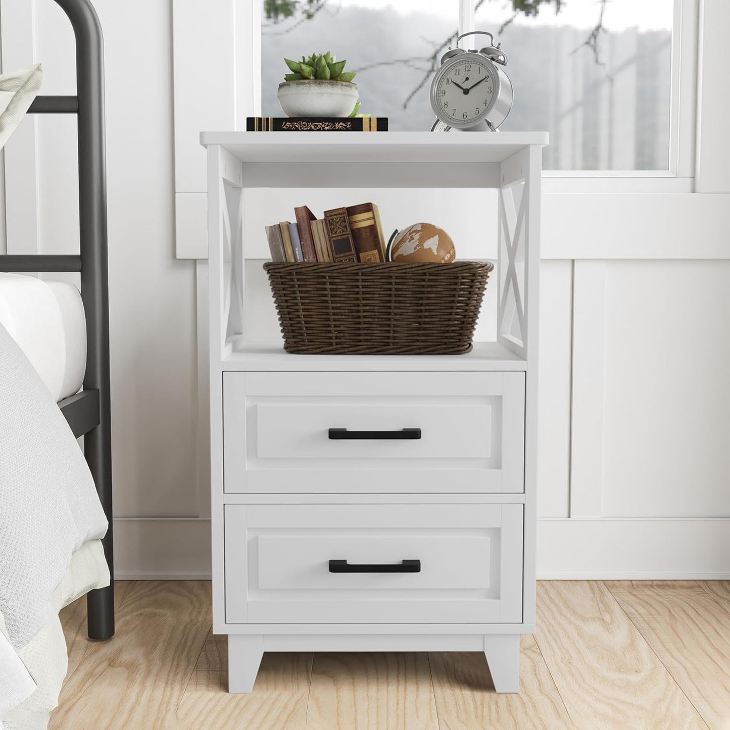 White Nightstand, Tall Bedside Table, Farmhouse Side Table with Storage Drawers and Open Shelf, Wooden Rustic End Table Cabinet for Bedroom, Home Office, White