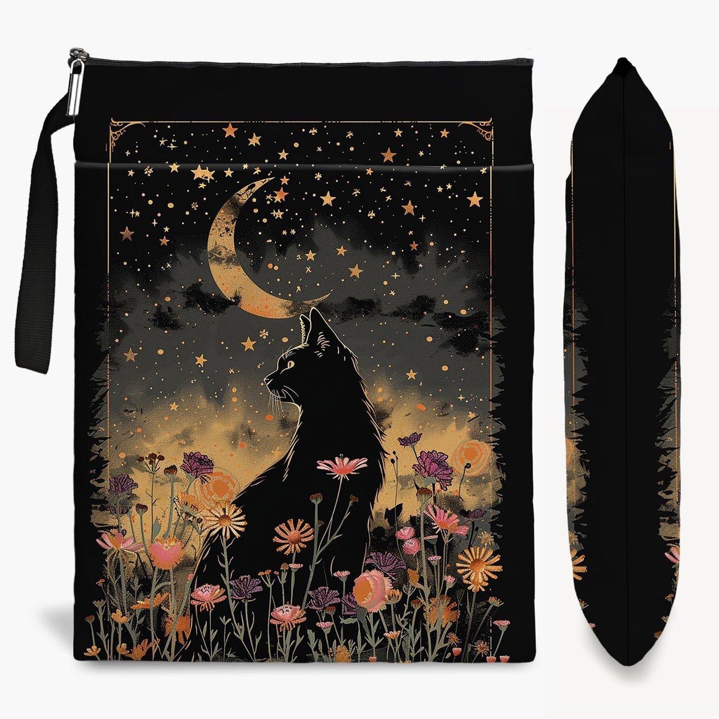 Cat Book Sleeve,Book Covers for Paperbacks,Book Sleeves with Zipper, Book Pouch Cat Lover Gifts for Women Teacher Daughter Graduation Birthday Gifts (Black Cat and Flower, Large)