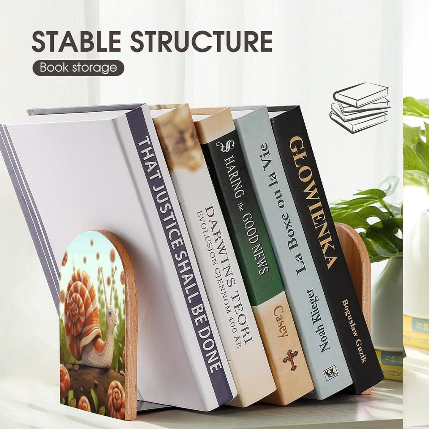 Cute Snail Bookends 1 Pair Heavy Duty Book Ends for Shelves Non-Skid Bookend Supports Wooden Book Holders with Metal Base Desk Organizers Books Storage to Hold Books