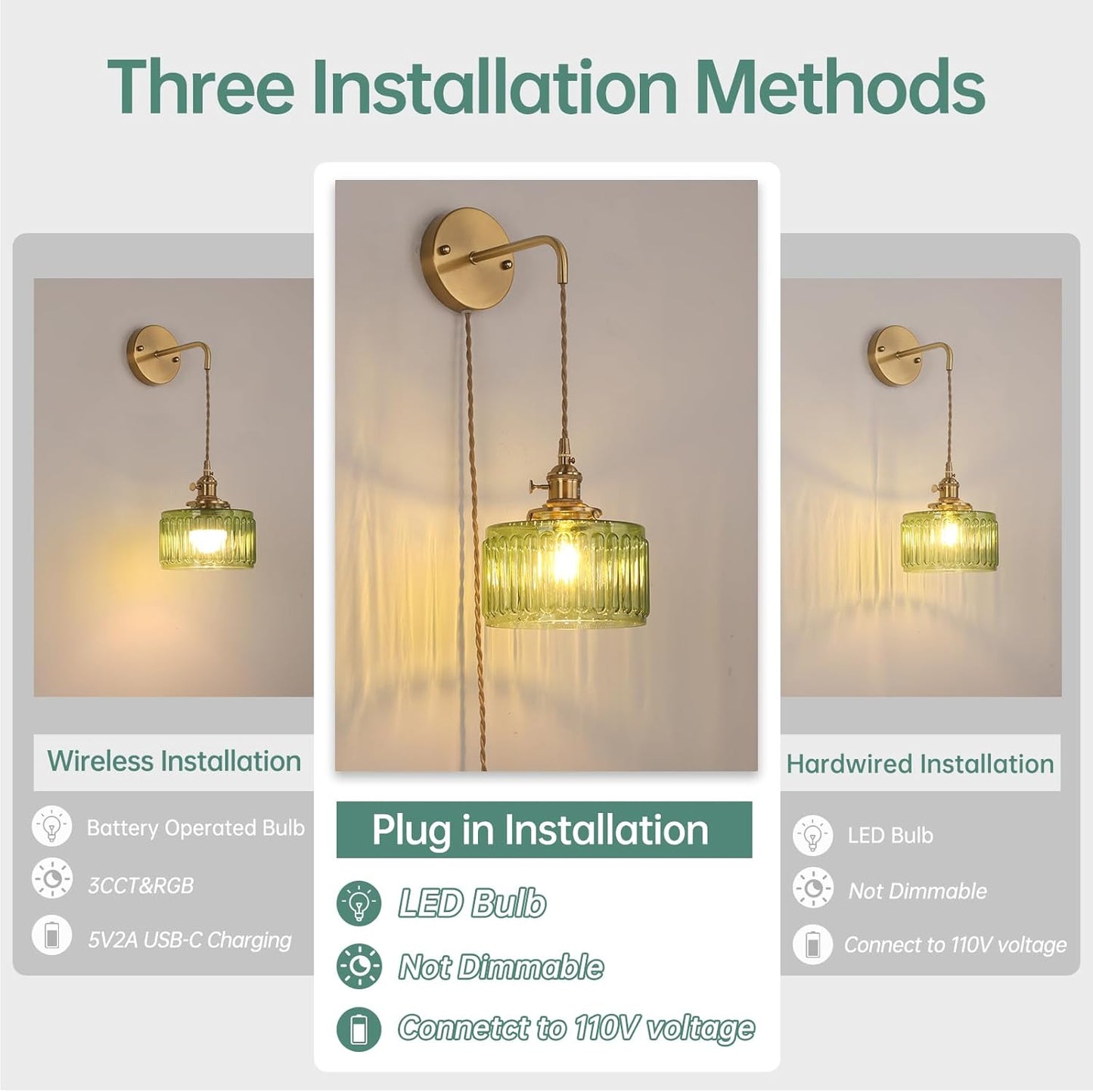 Vintage Wall Sconce Wall Lamp with Green Striped Glass Shade Hanging Wall Sconce with 4.9FT Plug in Cord, Modern Wall Lamp Fixtures Decor for Bedside Bedroom Indoor Doorway