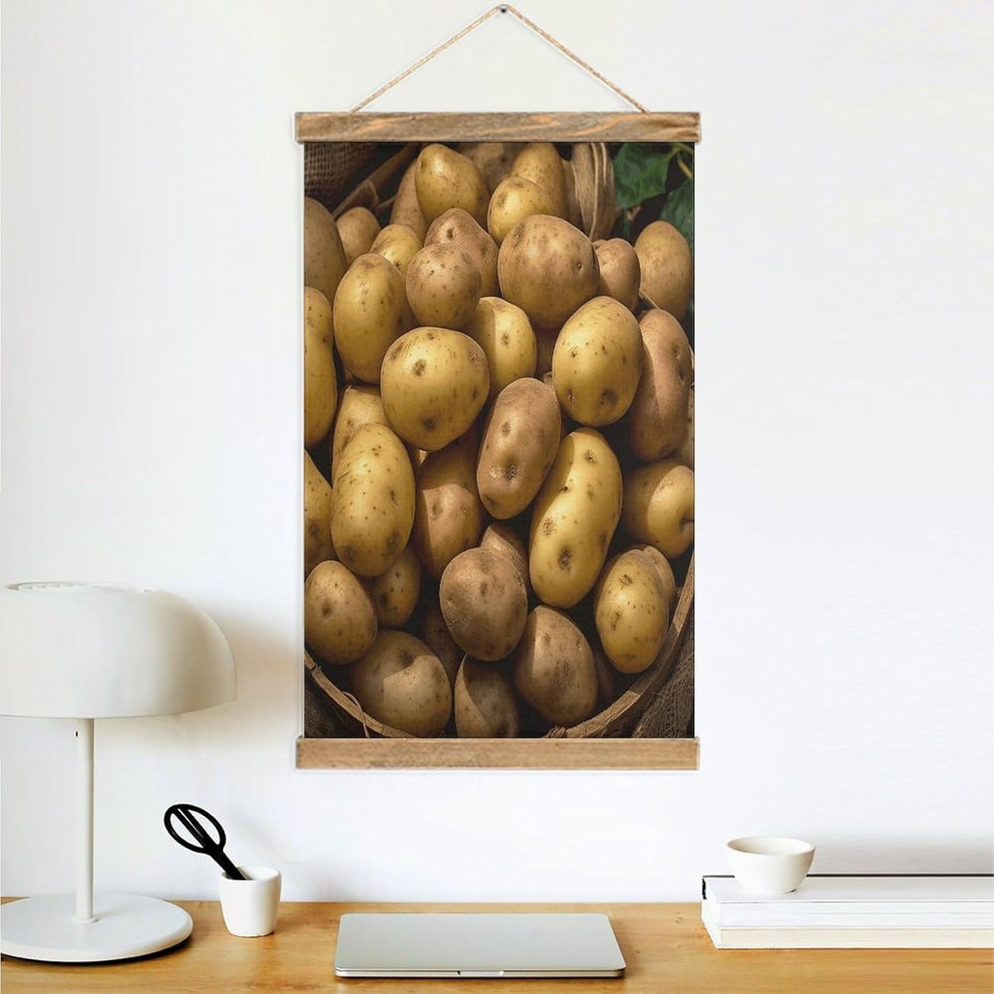 Vintage Garden Potatoes Poster with Wooden Frame Personalized Linen Hanging Scroll Painting Rustic Wall Hanging Illustrative Modern Artwork Decor for Home Living Room Bedroom Office