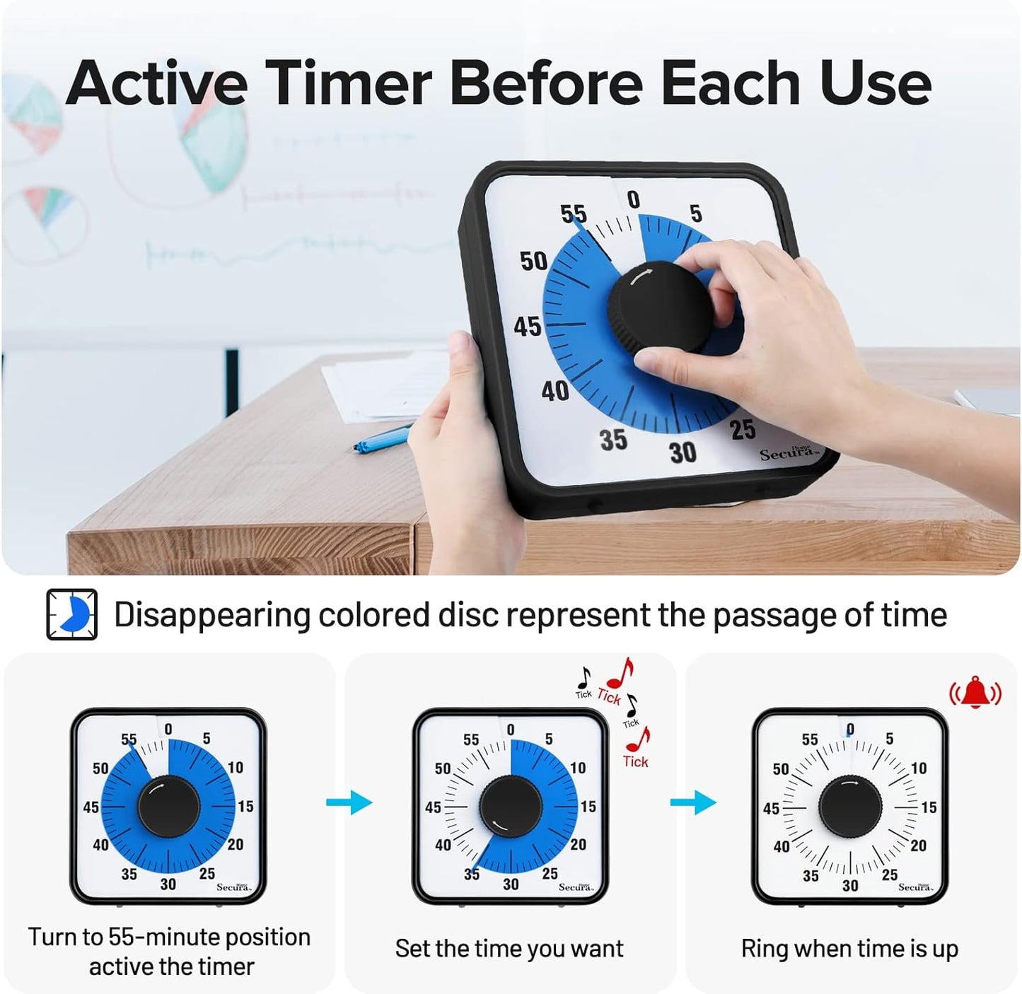 60-Minute Visual Timer, 7.5 Inch Oversize Countdown Timer Clock for Kids and Adults, Durable Mechanical Time Management Tool with Magnetic Backing （Navy Blue）