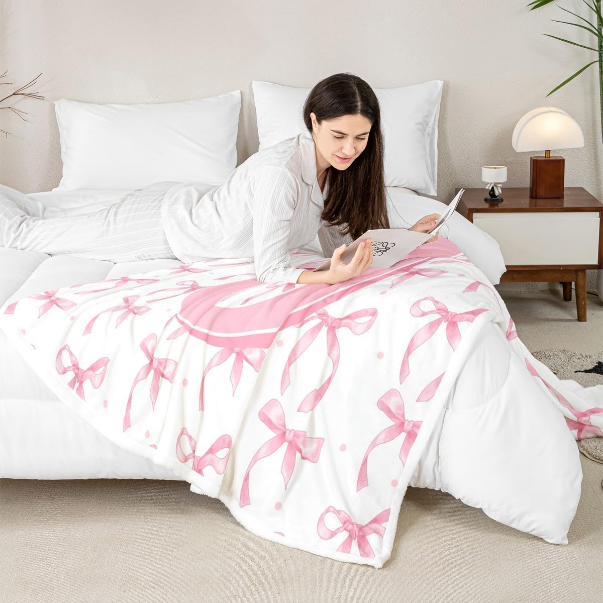 Erosebridal Cute Pink Bow Blankets for Girls Kids,Initial Letter O Blanket Throw,Pink Coquette Bow Knot Fleece Blanket 30"x40",Personalized Monogram Bows Sherpa Fuzzy Throw for Bed Couch Sofa