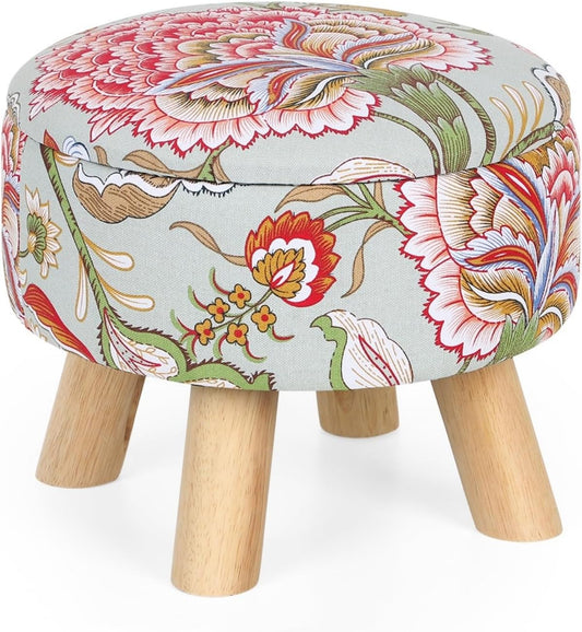 ETELI Storage Ottoman Round Small Foot Rest with Wood Legs Boho Footstool with Padded Seat Ottomans and Footstools for Couch Hallway Living Room Bedroom Enterway