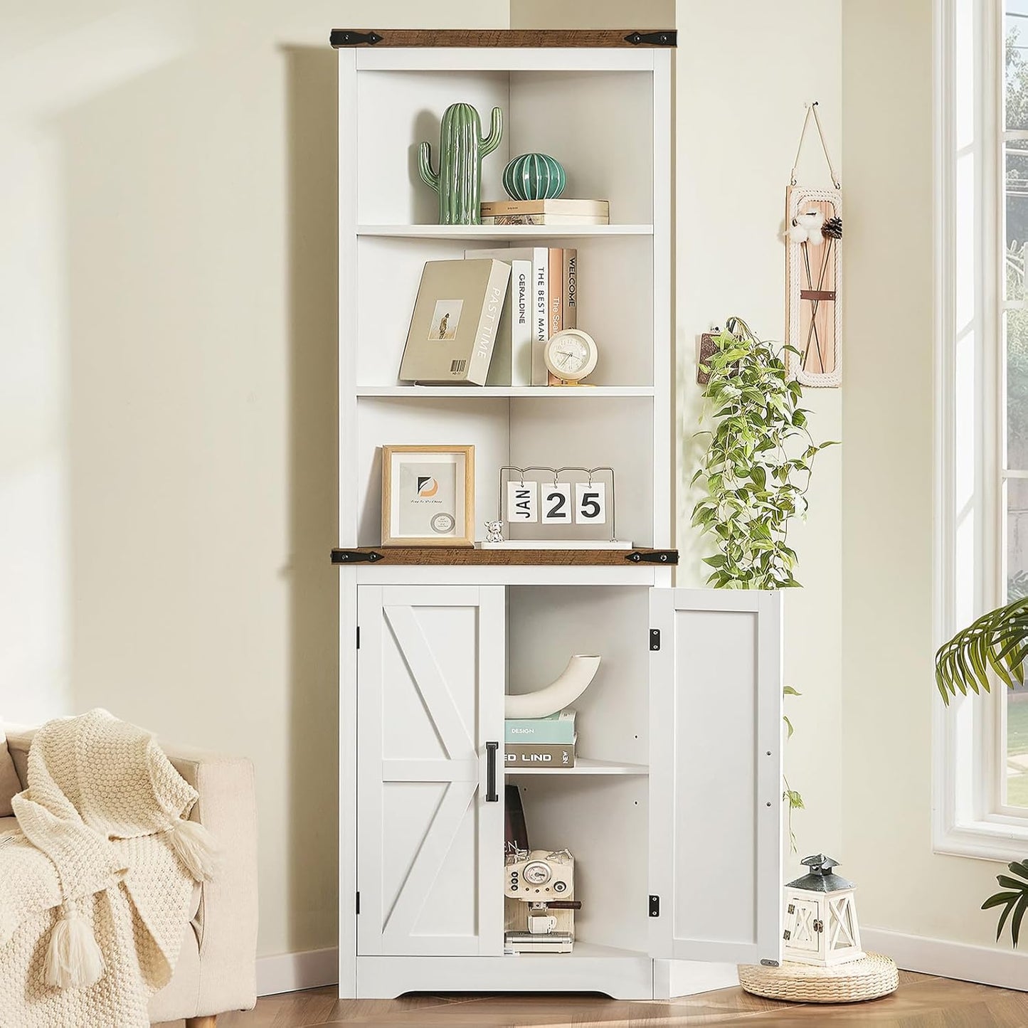 TEENFON Farmhouse Corner Cabinet, 70" H Tall Corner Hutch with 5 Shelves & 2 Barn Doors, Bathroom Cabinet with Adjustable Shelf, for Living Room, Kitchen, Bathroom, White