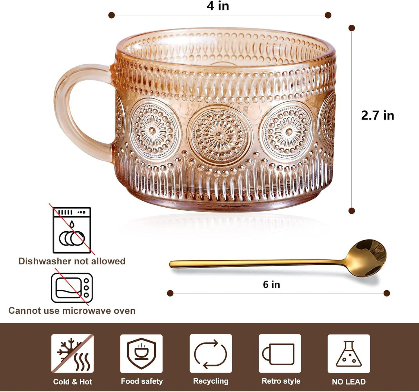 Vintage Glass Coffee Mugs Set of 2 Amber, Embossed Tea Cups with Bamboo Lids and Spoons, 14 Oz Glass Breakfast Cups for Cappccino, Latte, Yogurt, Dessert, Breakfast, Mothers Day Gifts
