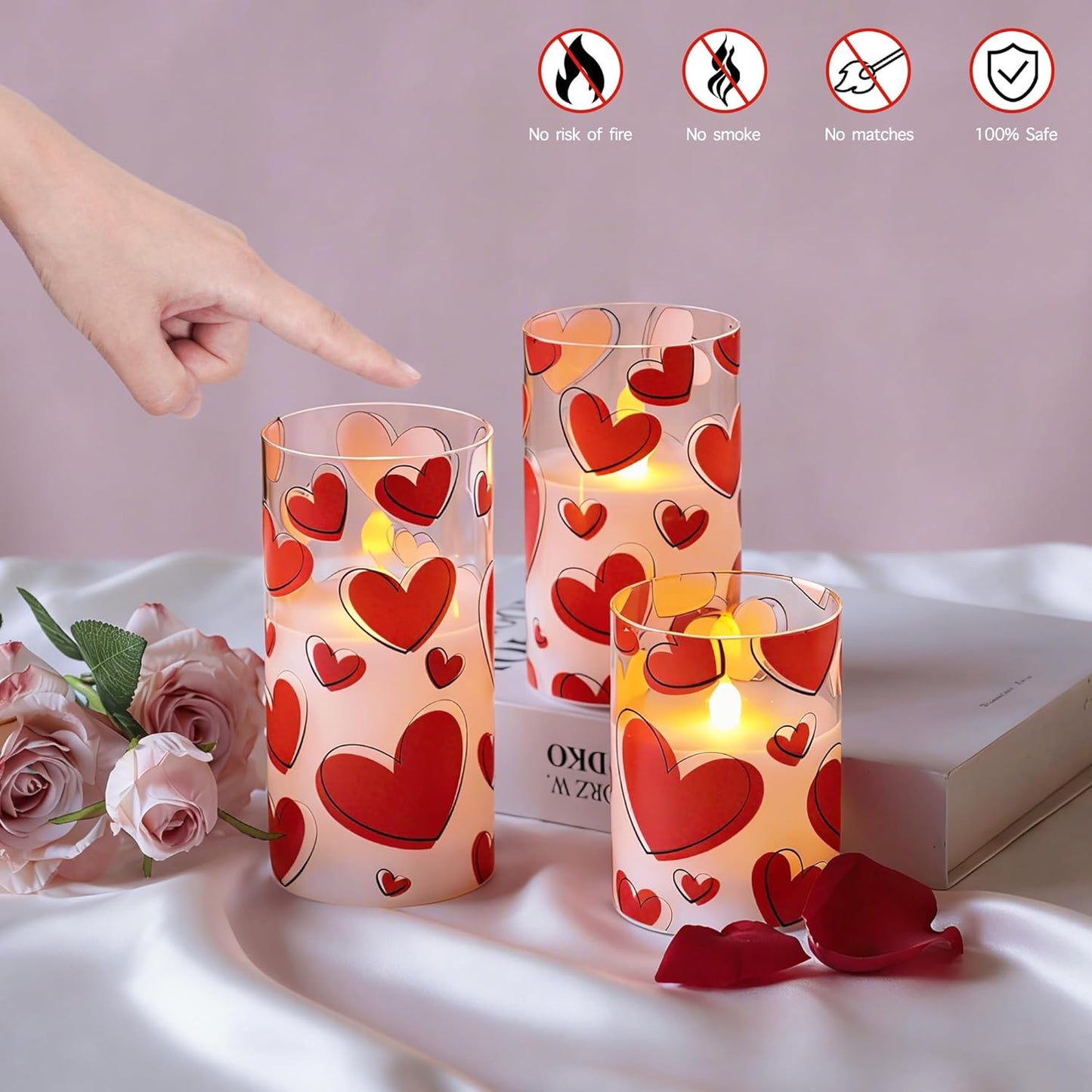 Valentines Day Flameless Candles with Remote, Red Heart Glass Battery Operated Candles, Real Wax Flickering LED Pillar Candles for Proposal Wedding Anniversary Romantic Night, 3 Pack