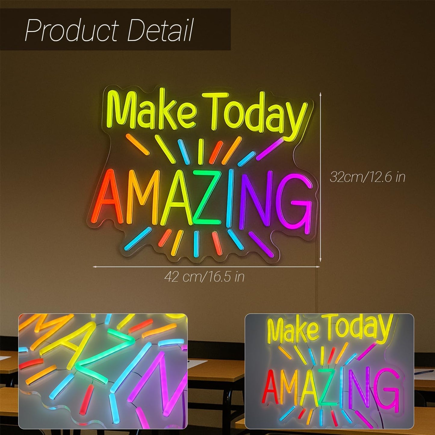 Make Today Amazing Neon Sign for Classroom Decor, Motivational Wall Light LED Sign, USB Powered Bedroom Study Decor, Birthday Gift for Children & Students