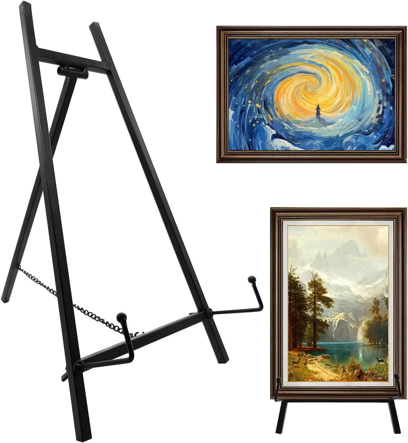 Metal Easel Stand, 16.5" x 8.7" x 4.3" Modern Metal Tripod Plate Stand with Chain Support, Table Top Easel Stand for Mirror, Wedding Display Picture, Board, Platter, Book, Photo(Black)