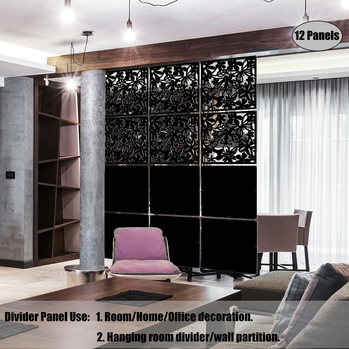 LRZCGB Hanging Room Divider,12pcs PVC Black Panel Screen Solid for Decorating Living, Dining, Study and Sitting-Room, Hotel(Black+Solid Board)