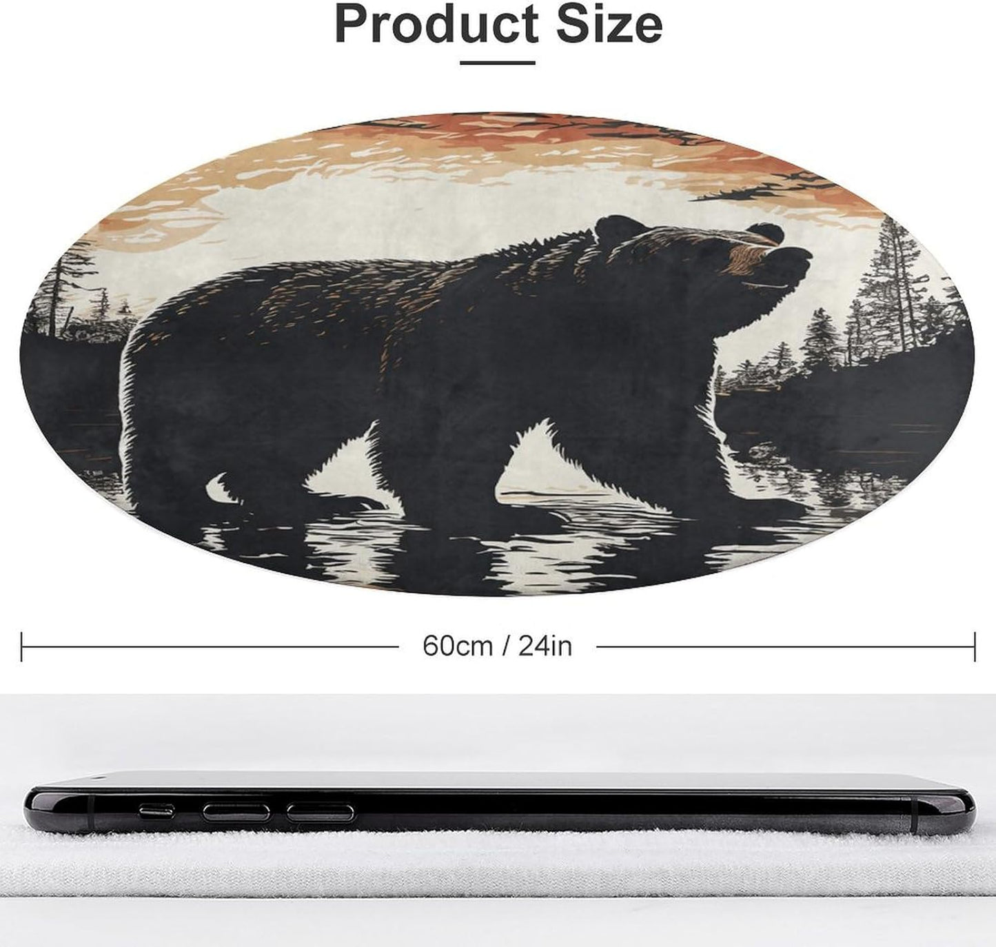 Bear Silhouette Circle Rug Retro Luxury Coral Velvet Floor Mat Non Slip Soft Indoor Floor Carpet Comfy Thickened Area Rugs Modern Aesthetic Minimalist Carpets for Home Decor