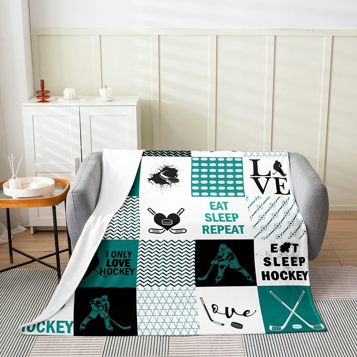 Ice Hockey Fuzzy Blanket,Hockey Player Throw Blanket For Kids Boys,Eat Sleep Hockey Blanket Twin 60x80,Black Green Patchwork Flannel Blanket For Sofa Bed Couch,Geometric Plaid Fleece Blanket,Cozy