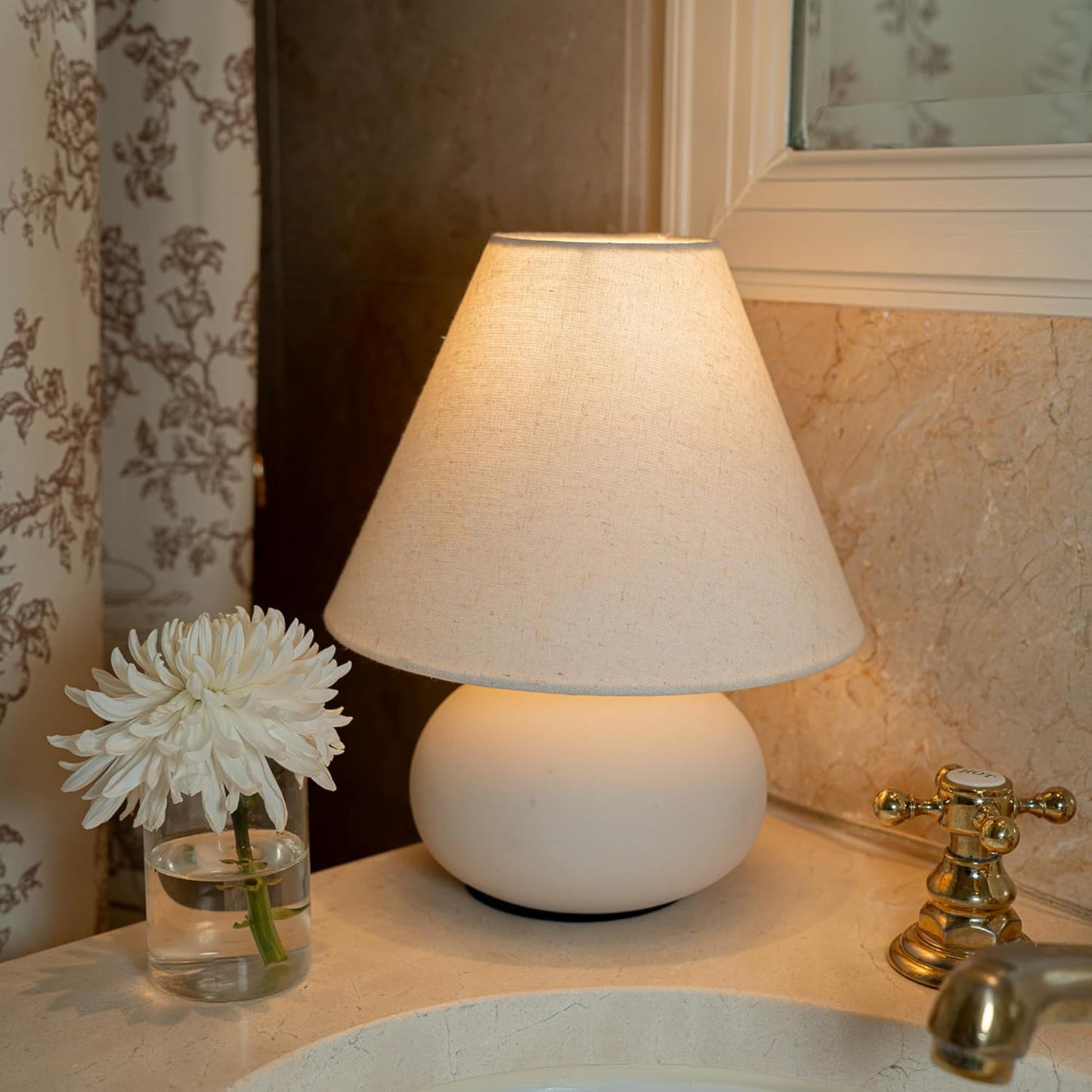 11" Small Table Lamp – Handmade Round Ceramic Cream Base with Off-White Fabric Shade, Dimmable Plug-in Nightstand or Accent Light – Organic Boho Japandi Decor for Bedroom or Small Spaces