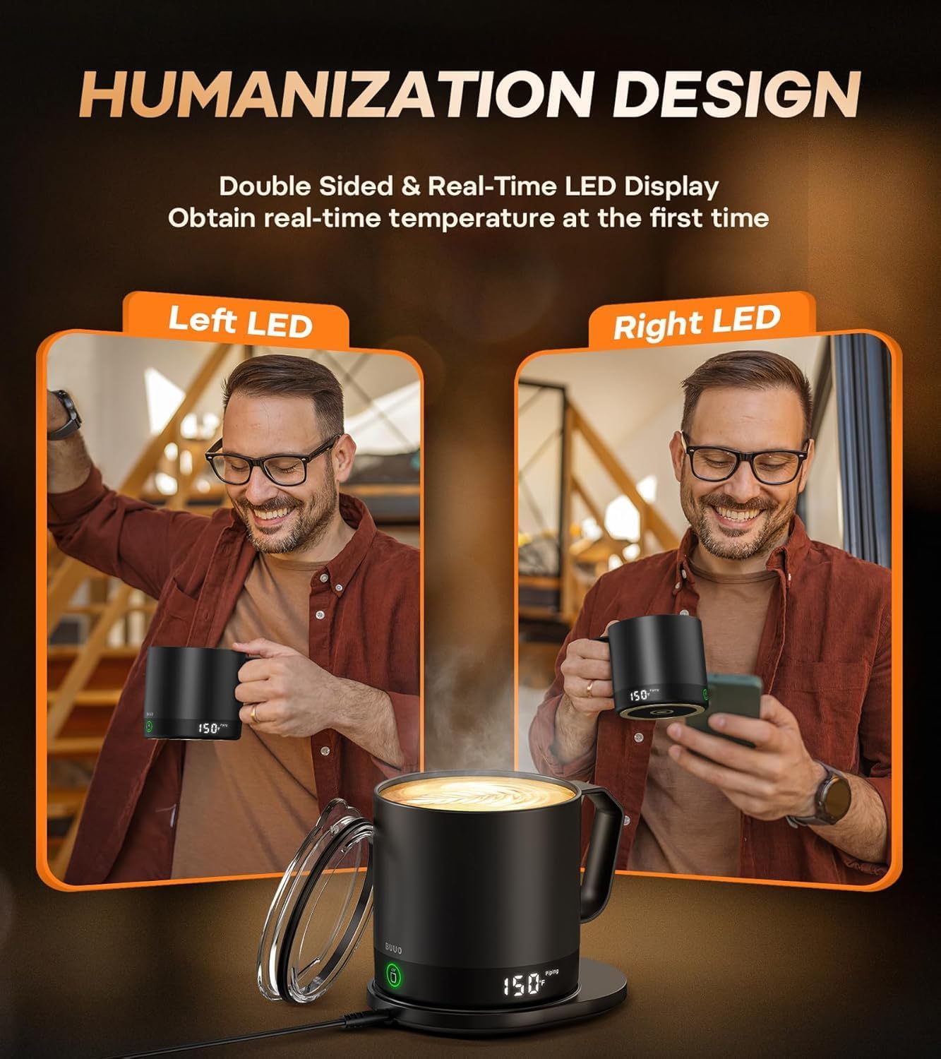 Heated Coffee Mug Rechargeable - Temperature Control Self Heating Coffee Mug 14oz with Lid, Double Sided & Real-Time LED Display, Hot up to 150℉, Birthday Gifts for Women and Men(Black)
