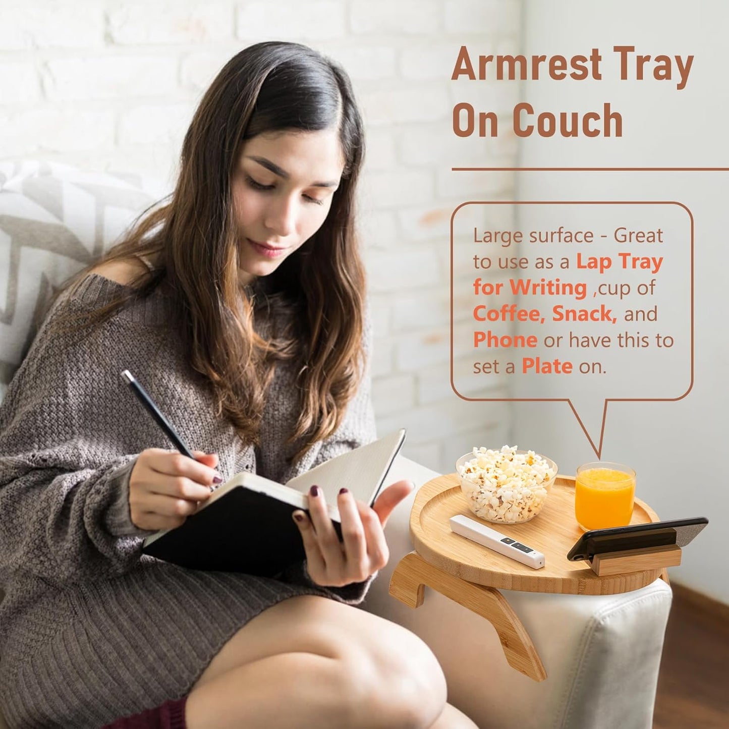 SINWANT Couch Arm Table,Large Bamboo Sofa Clip on Tray Tables with 360° Phone Holder,Foldable Couch Armrest Table, Folding Snack Eating Drink on Armrest