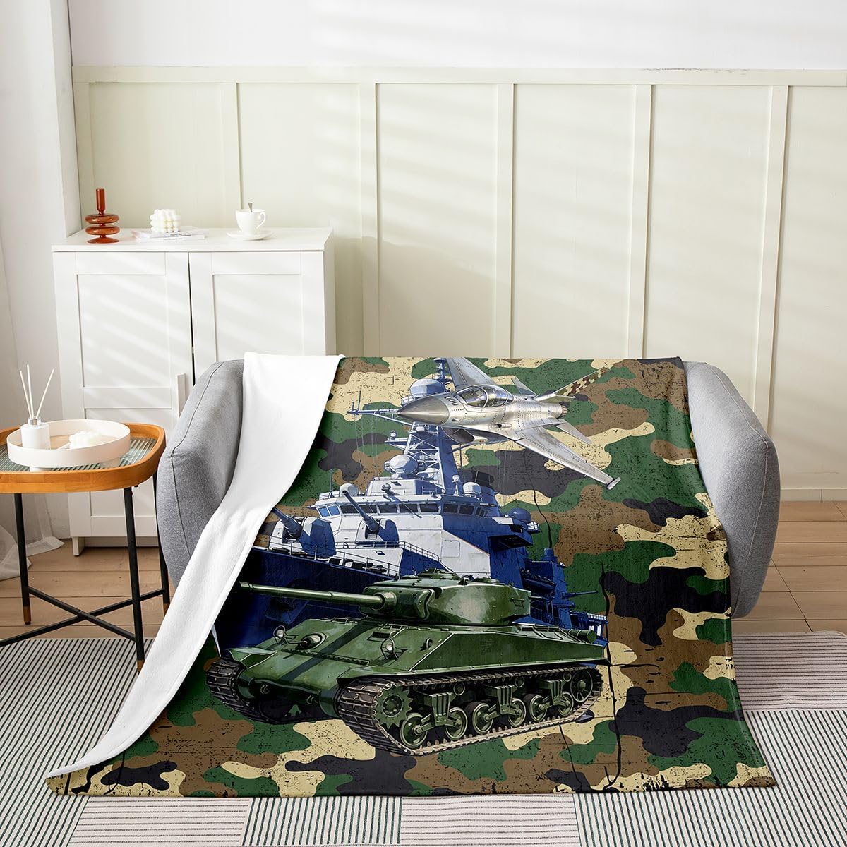 Feelyou Army Camouflage Fleece Throw Blanket,All Season Military Aircraft Print Bed Blanket Ship Tank Camouflage Flannel Fuzzy Blanket for Bed Sofa Couch,Bedroom Decor Plush Blanket Throw 50"x60"