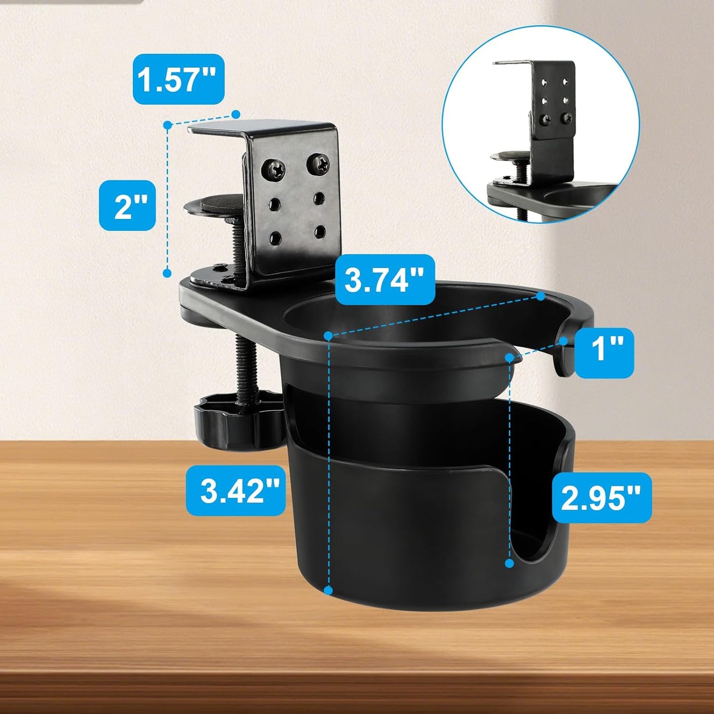 Upgraded Deeper Desk Cup Holder with 360° Rotation, Clamp Mount Design, Metal Office & PC Gaming Desk Accessories,Hidden Adjustable Drink Holder for Arm Chair,Coffee Cup