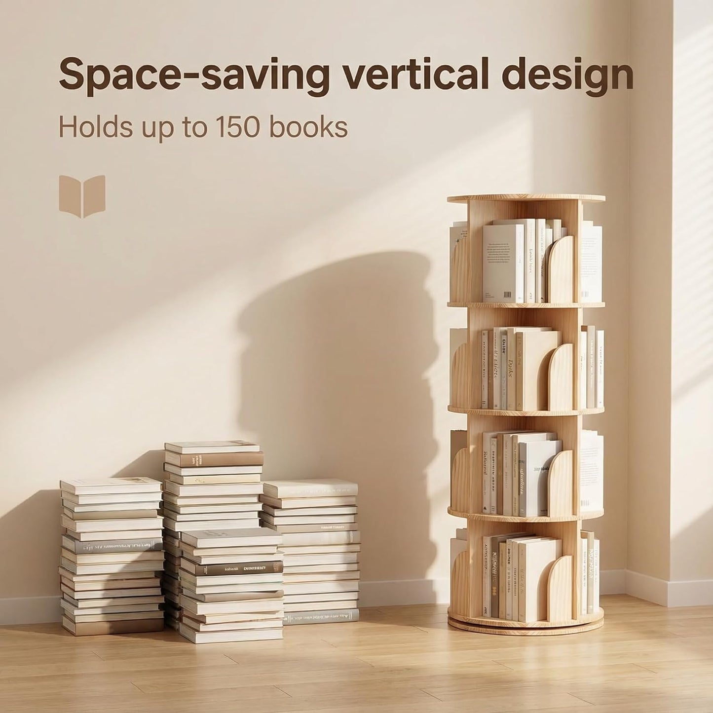 Solid Wood Rotating Bookshelf, 4-Tier 360° Spinning Bookcase Tower, Stackable Adjustable Book Shelf Organizer for Small Spaces, Corner Standing Storage for Home Office, Living Room & Kids Room
