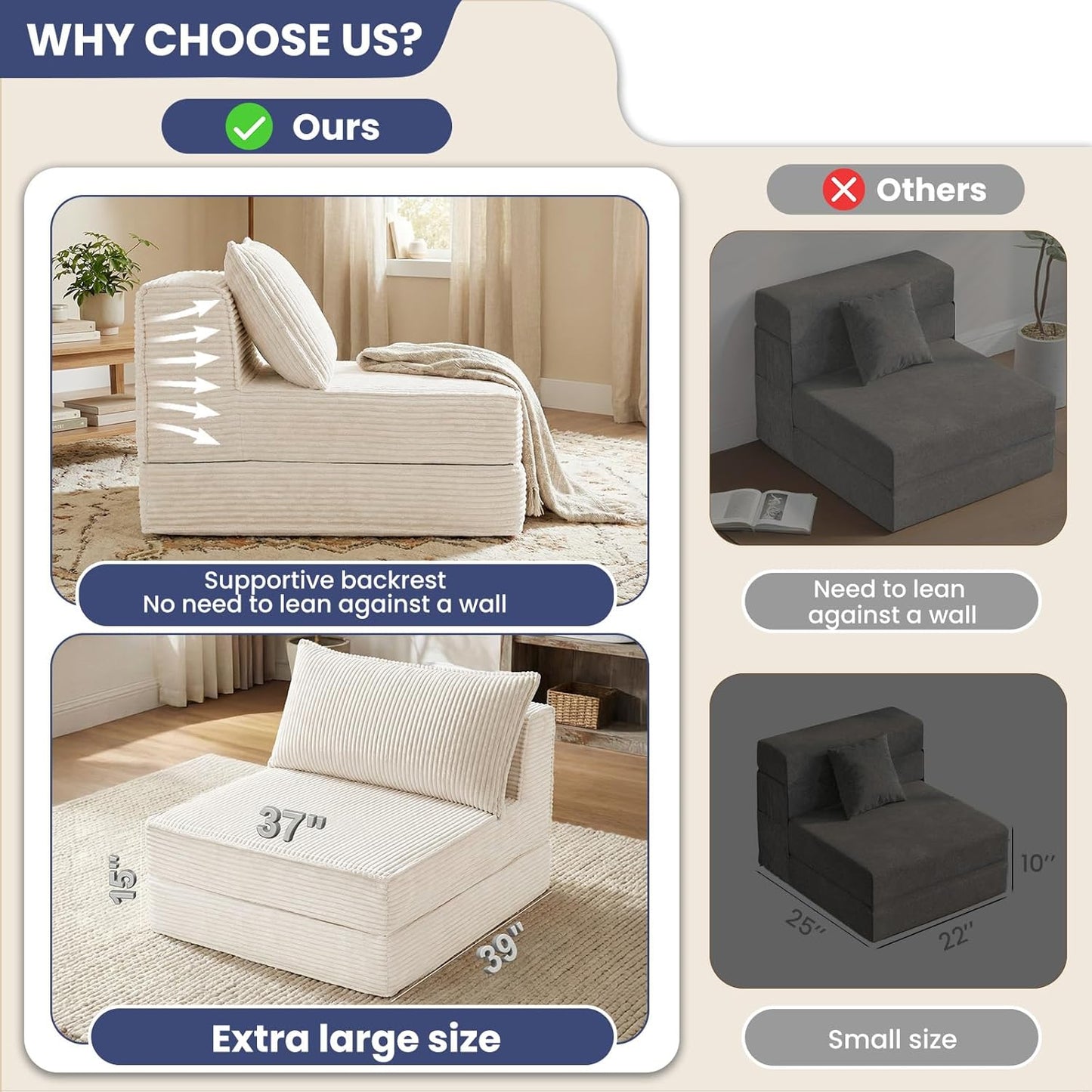Folding Sofa Bed, Convertible Sleeper Chair with Pillow,Corduroy Comfy Floor Futon for Living Room Bedroom,No Assembly Required,Beige