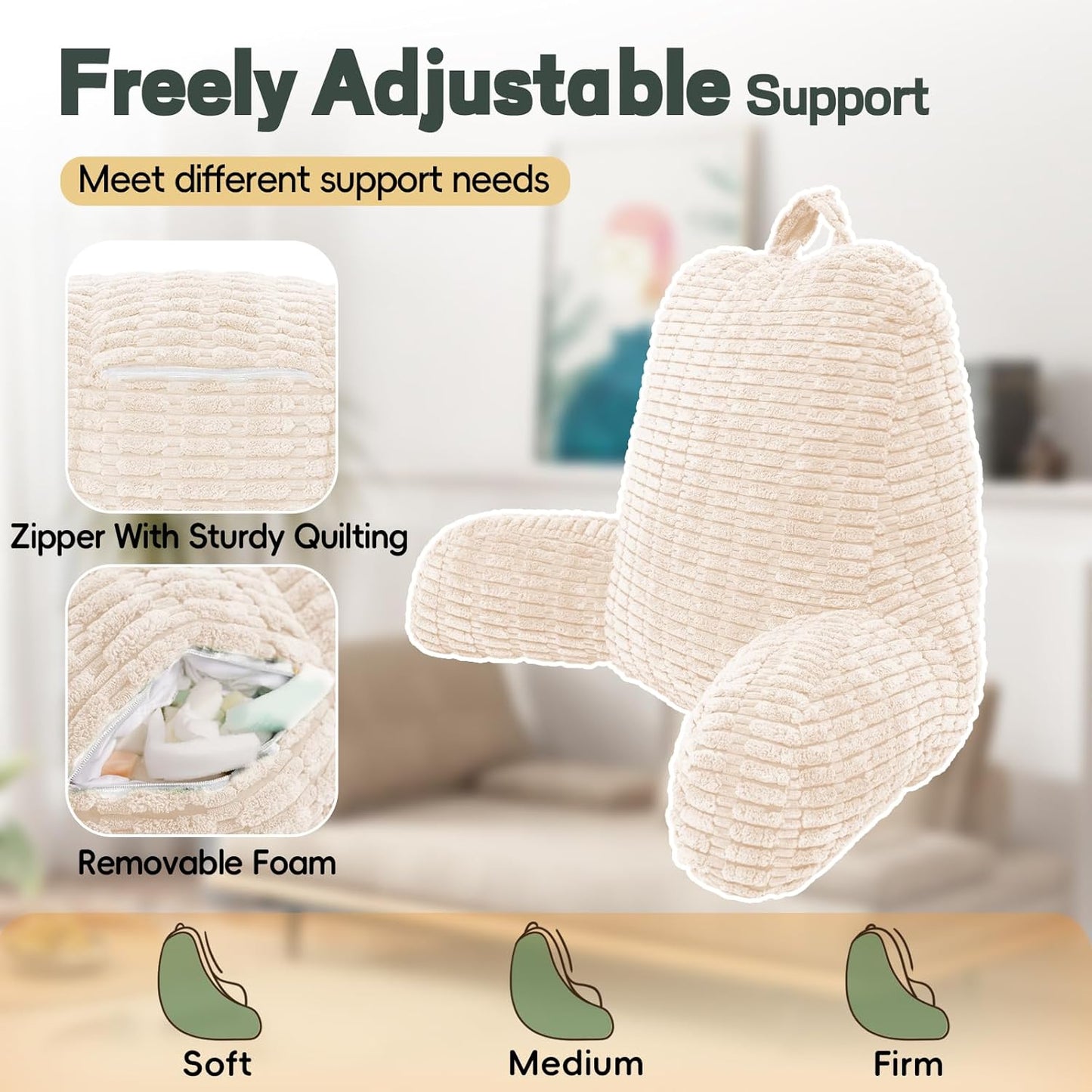 21" Higher Large Reading Pillow for Bed Adult, Back Pillow for Bed Sitting Up with Memory Foam Back Support with Arms Rest for Couch Chair Beige