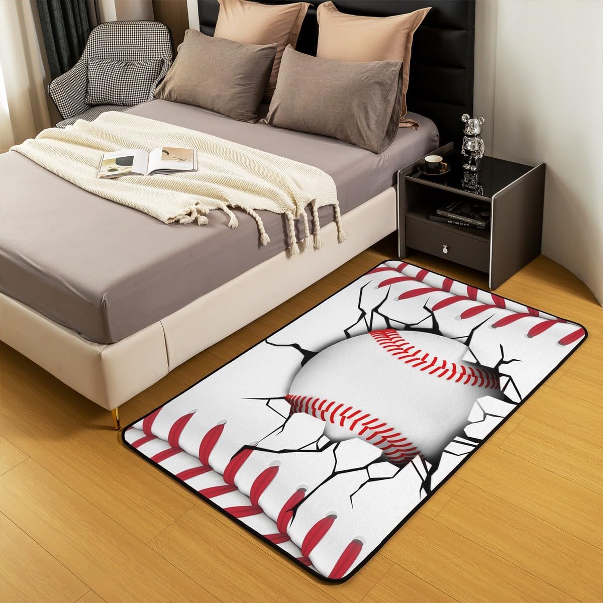 Erosebridal Baseball Area Rug 3x5, Ball Sports Rectangular Carpet for Living Room Bedroom, Vintage Laces Games Printed Kids Girls Washable Indoor Floor Mat, White Red Sports Theme Decorative Rug