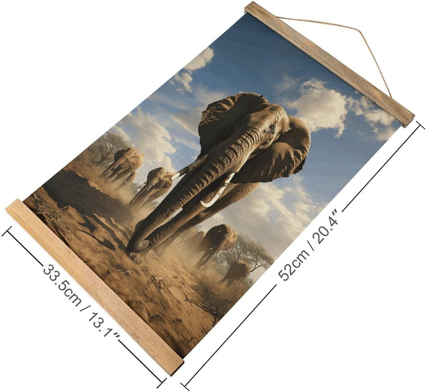 Vintage Ferocious Elephant Poster with Wooden Frame Personalized Linen Hanging Scroll Painting Rustic Wall Hanging Illustrative Modern Artwork Decor for Home Living Room Bedroom Office